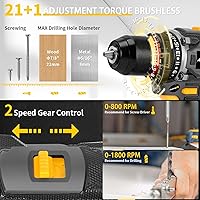 Vista 3 de Juego de herramientas de taladro compacto sin escobillas, caja de herramientas de taladro inalámbrico de 60 N.m 20 V con 2 baterías, juego combinado