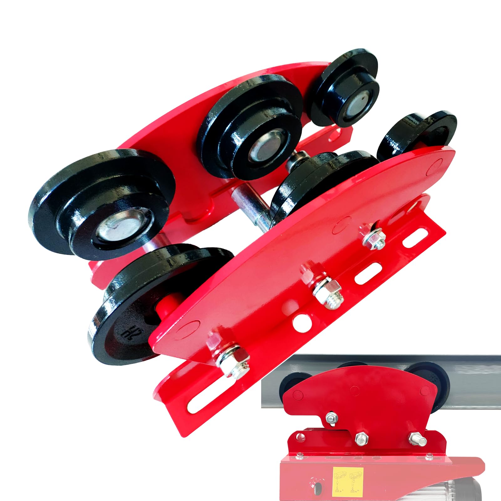 Carrello manuale per I-Beam 997,9 kg con 6 ruote resistenti, con innesti a spinta per paranco elettrico PA200 a PA1000, flangia regolabile da 6,8 cm a 11 cm per sollevamento, capacità di carico di 1