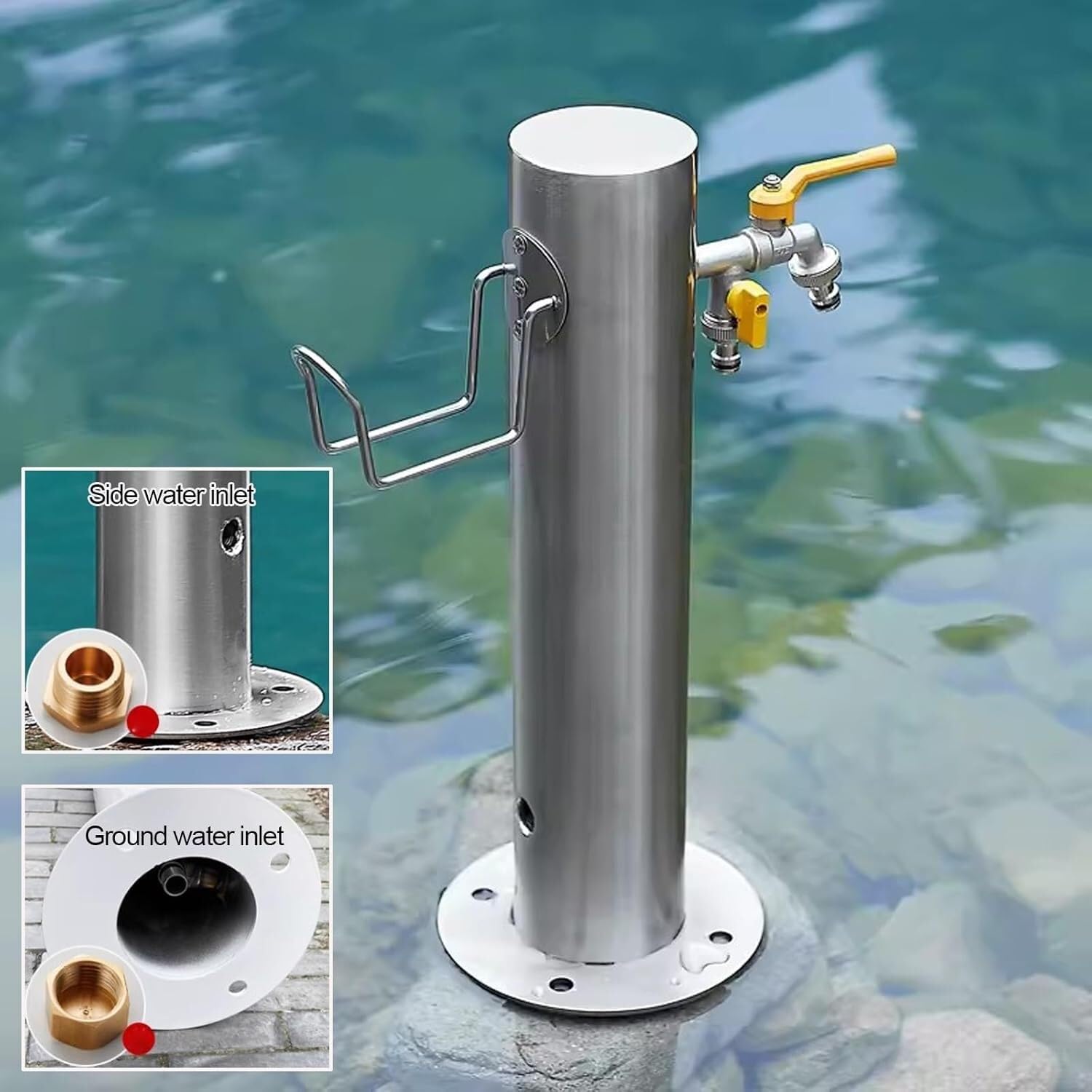 Wasserhahnsäule for den Außenbereich aus Edelstahl mit Doppelwasserhahn und Spritzpistole Hof(H 86cm/33.8in)