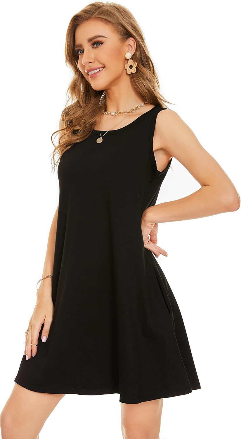 Summer Dresses for Women Beach Boho Sleeveless Vintage Floral Flowy Pocket Tshirt Tank Sundresses Large Solid Black