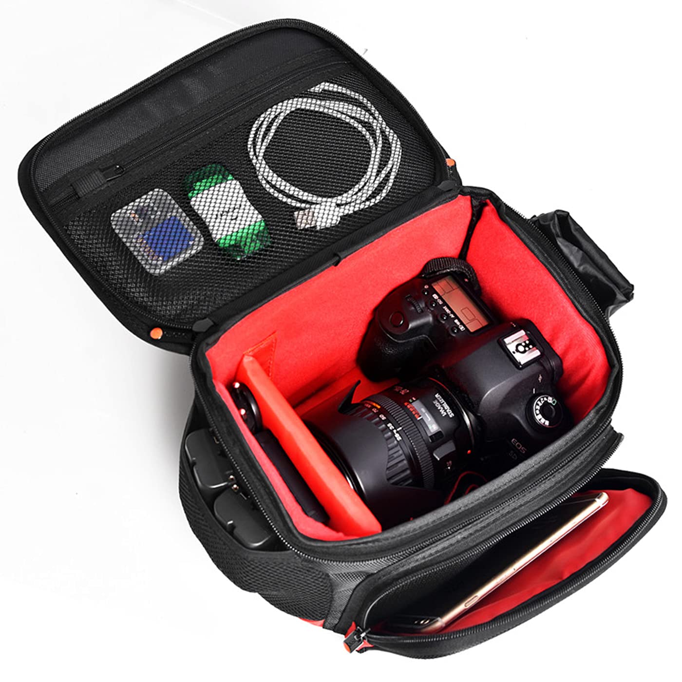FOSOTO Sac pour appareil photo reflex - Grand sac à bandoulière avec housse de pluie - Compatible avec Nikon D3500 D5600 D7500, Canon EOS 6D 4000D 2000D, Sony Alpha A7RIII, Noir