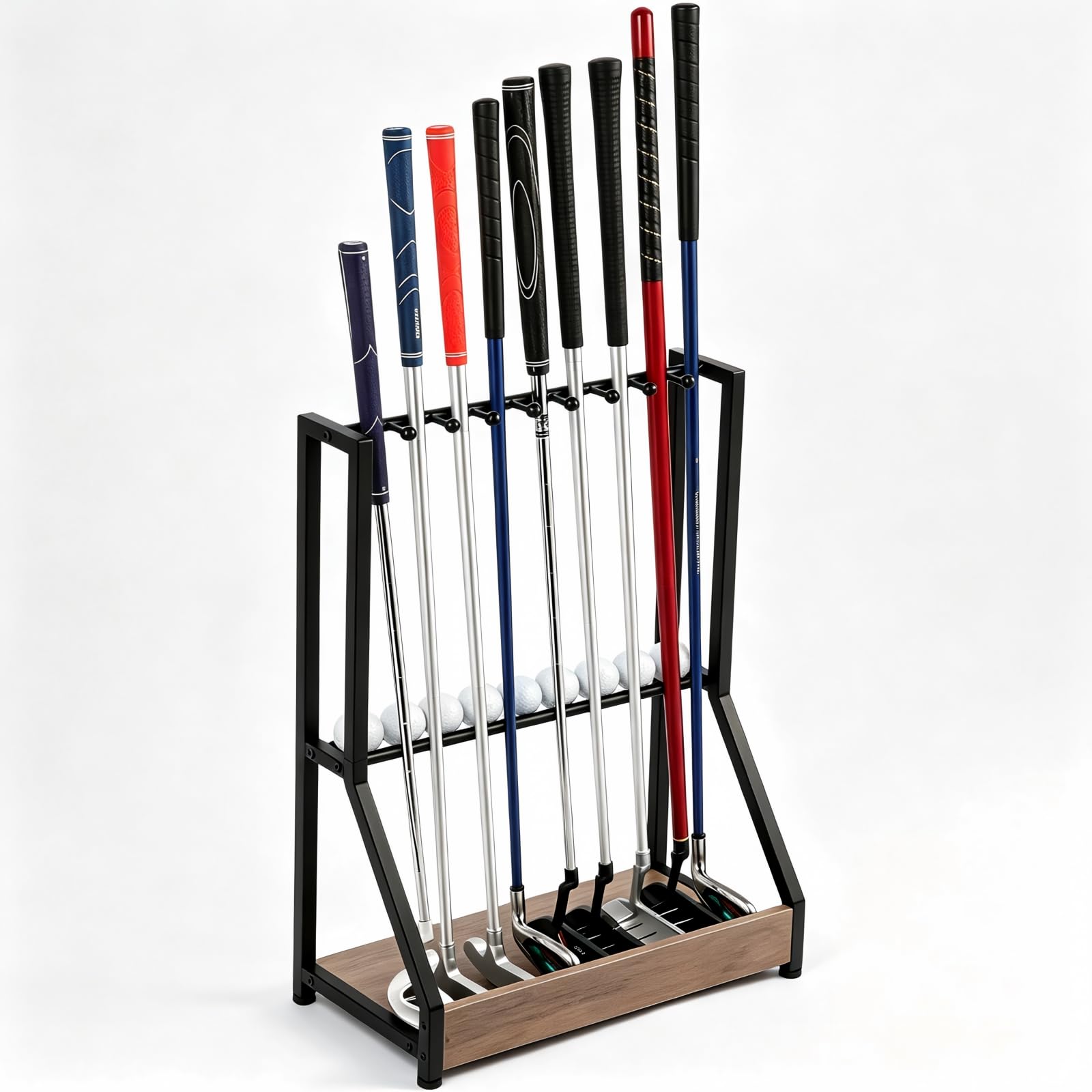 Golfschlägerhalter für 9 Schläger & 9 Bälle, Massivholz & Eisen, Golf-Putterhalter, Bodenständer, Golfschlägerständer, geeignet für Golfsimulatoren, Golfplatzzubehör