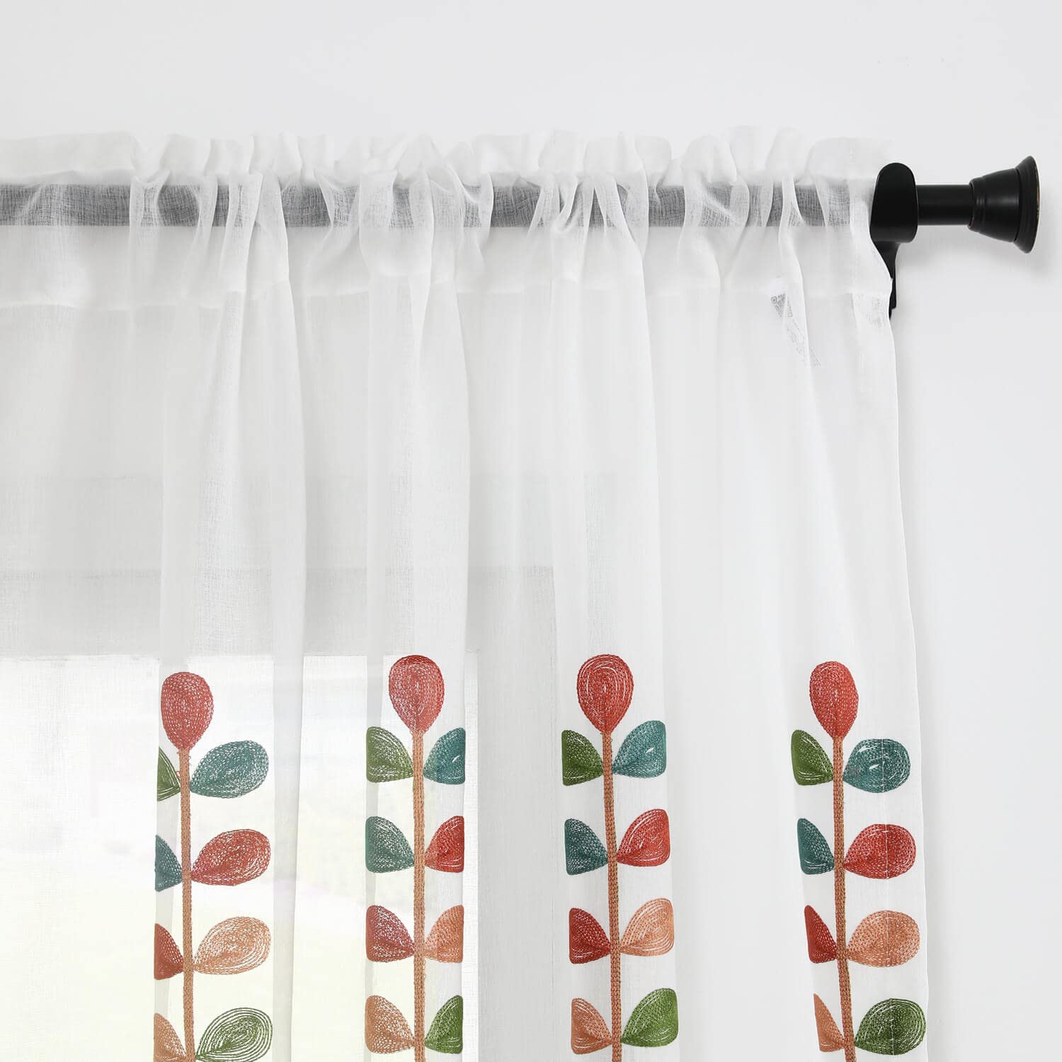 VOGOL Sheer Curtains 63 Inch Length, Colorful Leaves Embroidered White Sheer Window Treatments for Bedroom Kitchen - Image 3