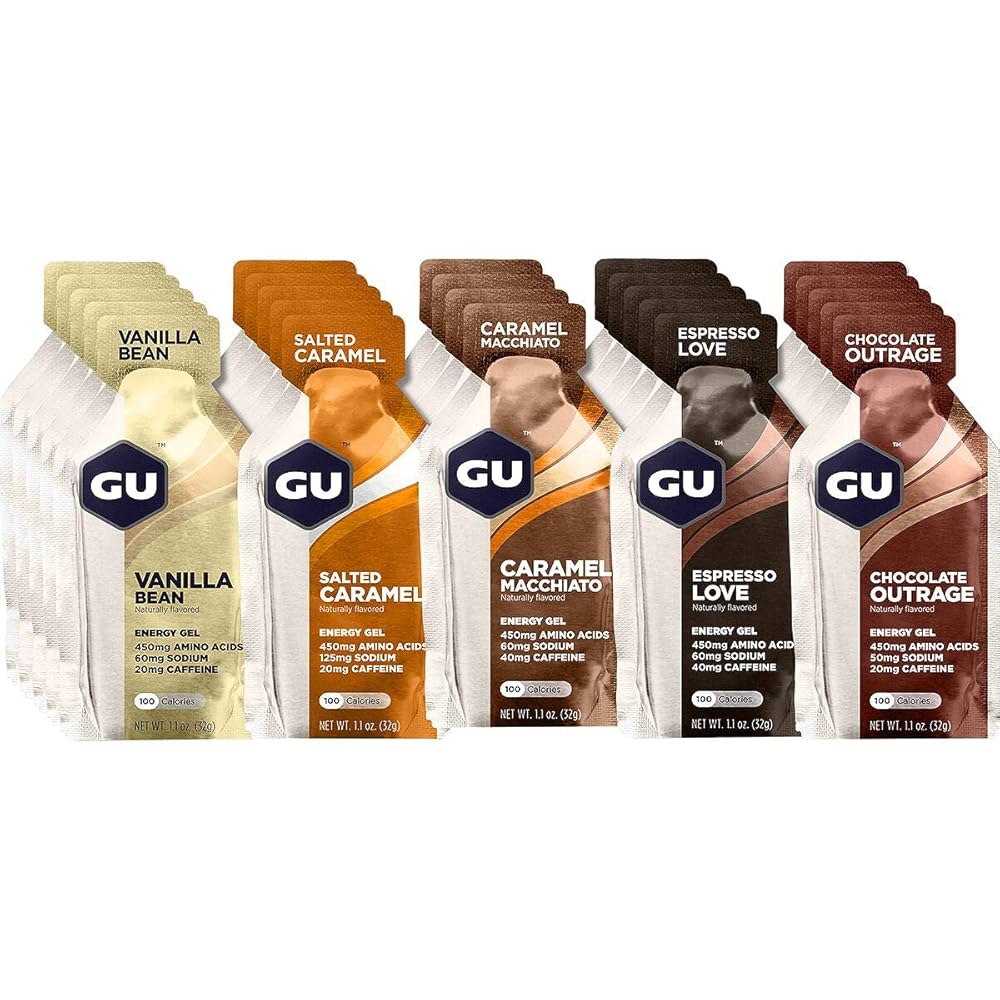 GU Energy Original Sports Nutrition Energy Gel, Vegan, Gluten-Free, Kosher, and Dairy-Free On-the-Go Energy for Any Workout, 24-Count, Assorted Indulgent Flavors