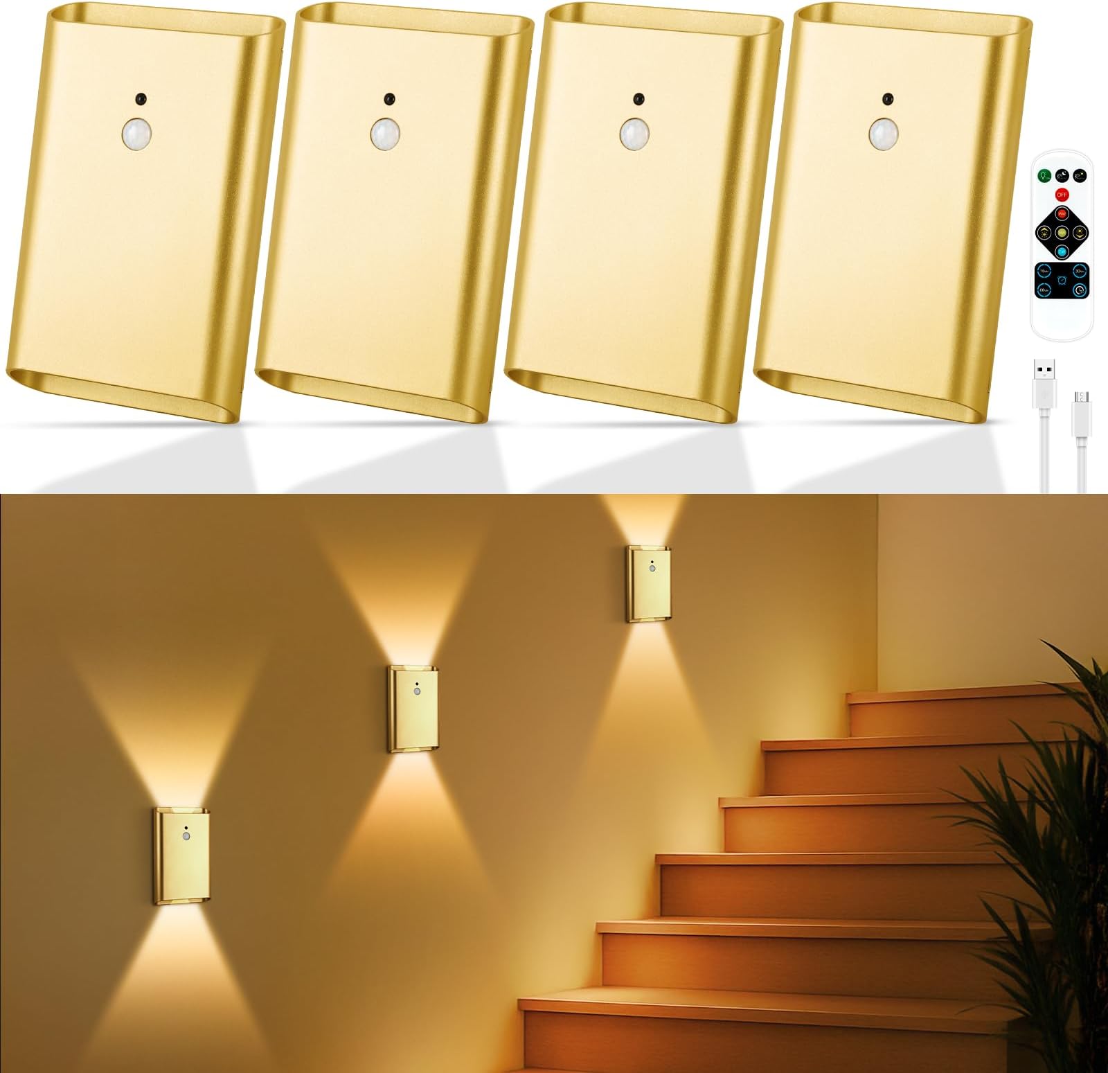 4 Pack Battery Operated Wall Lights - 5000mAh Rechargeable Motion Sensor Wall Sconce with Remote, 3 Colors Wireless Wall Lamp Magnetic Motion Sensor Night Light Indoor for Hallway Stairway, Gold
