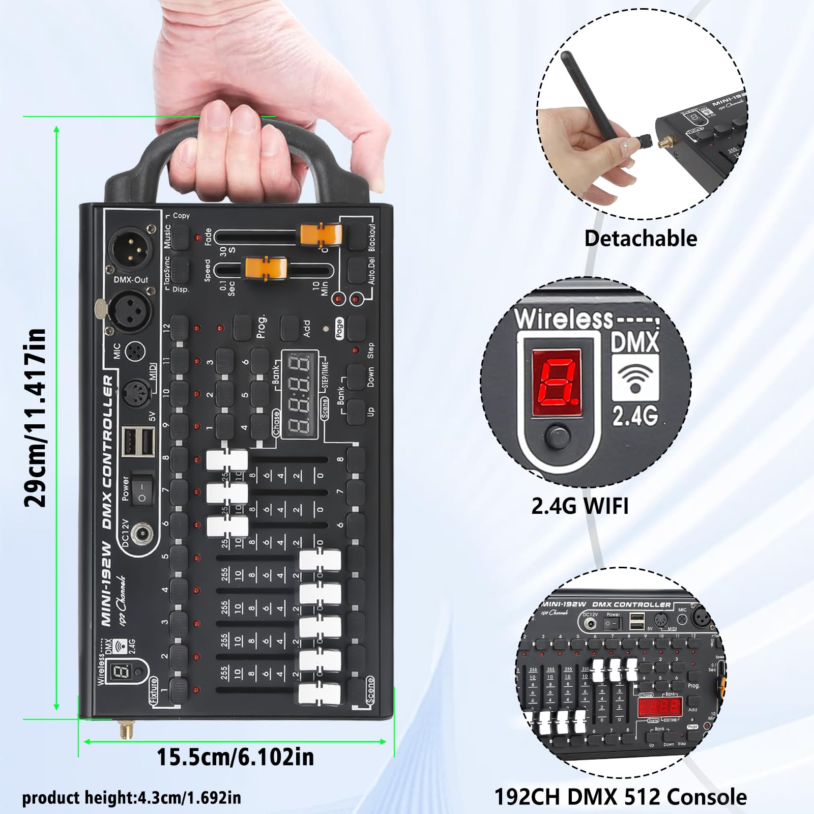 DMX512 Controllore per Luci da Palco, Consolle Professionale 192-Canale per DJ, KTV e Concerti, Sistema di Controllo Luci Senza Fili