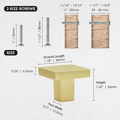 Miniatura 2 de FURFITT Paquete de 10 pomos cuadrados de latón cepillado para gabinetes de 1-316 pulgadas de longitud de aleación de zinc sólido para cajones y