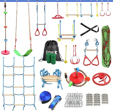 Ninja Obstacle Course for Kids Backyard - 10 Durable Obstacles and 60 Slackline - Outdoor Warrior Obstacle Playset Equipment with Gymnastic Ring, Rope Ladder, Ninja Wheel, Climbing Rope Swing