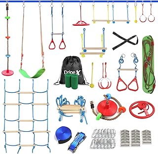 Dripex Ninja Warrior Obstacle Course for Kids - 2X60FT Slacklines with Most Complete Accessories for Kids, Climbing Rope Swing, Trapeze Swing, Ninja Wheel, Webbing Ladder Plus 1.2M Arm Trainer