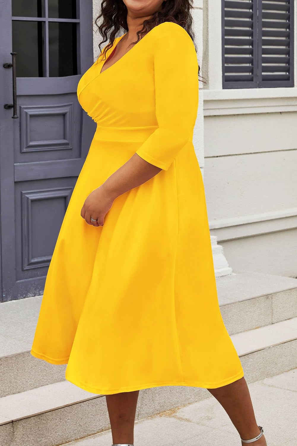 CLOCOR Women's Plus Size Midi Dress 3/4 Sleeve A-Line Swing Dress V Neck Flowy Casual Dresses - Image 3