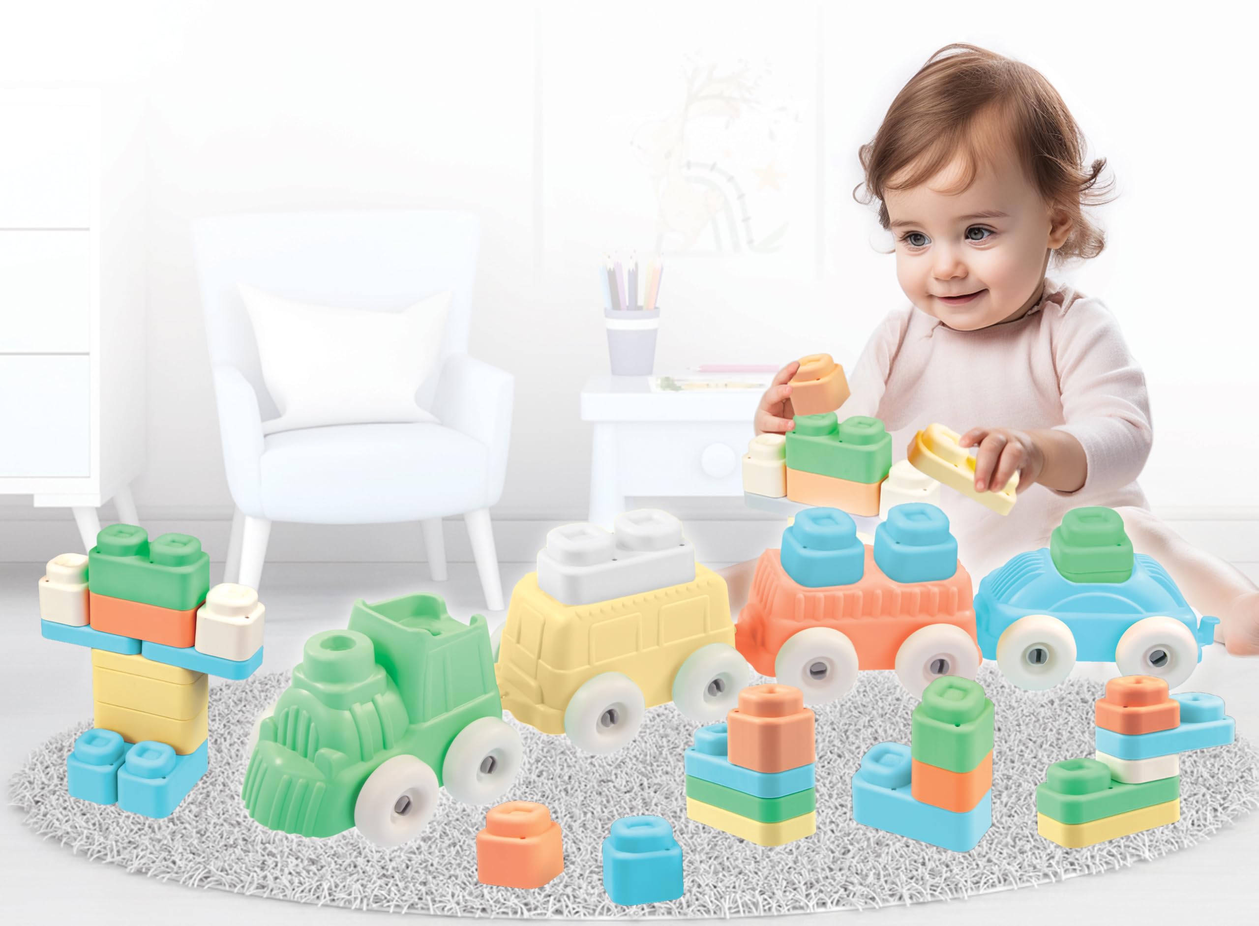 Mochtoys Zestaw Do Zabawy, Pociąg, 3 Wagoniki i 12 Klocków, Pastelowe Kolory, Kompatybilny z Serią Play&Squish, Dla Dzieci Od 1 Roku Życia