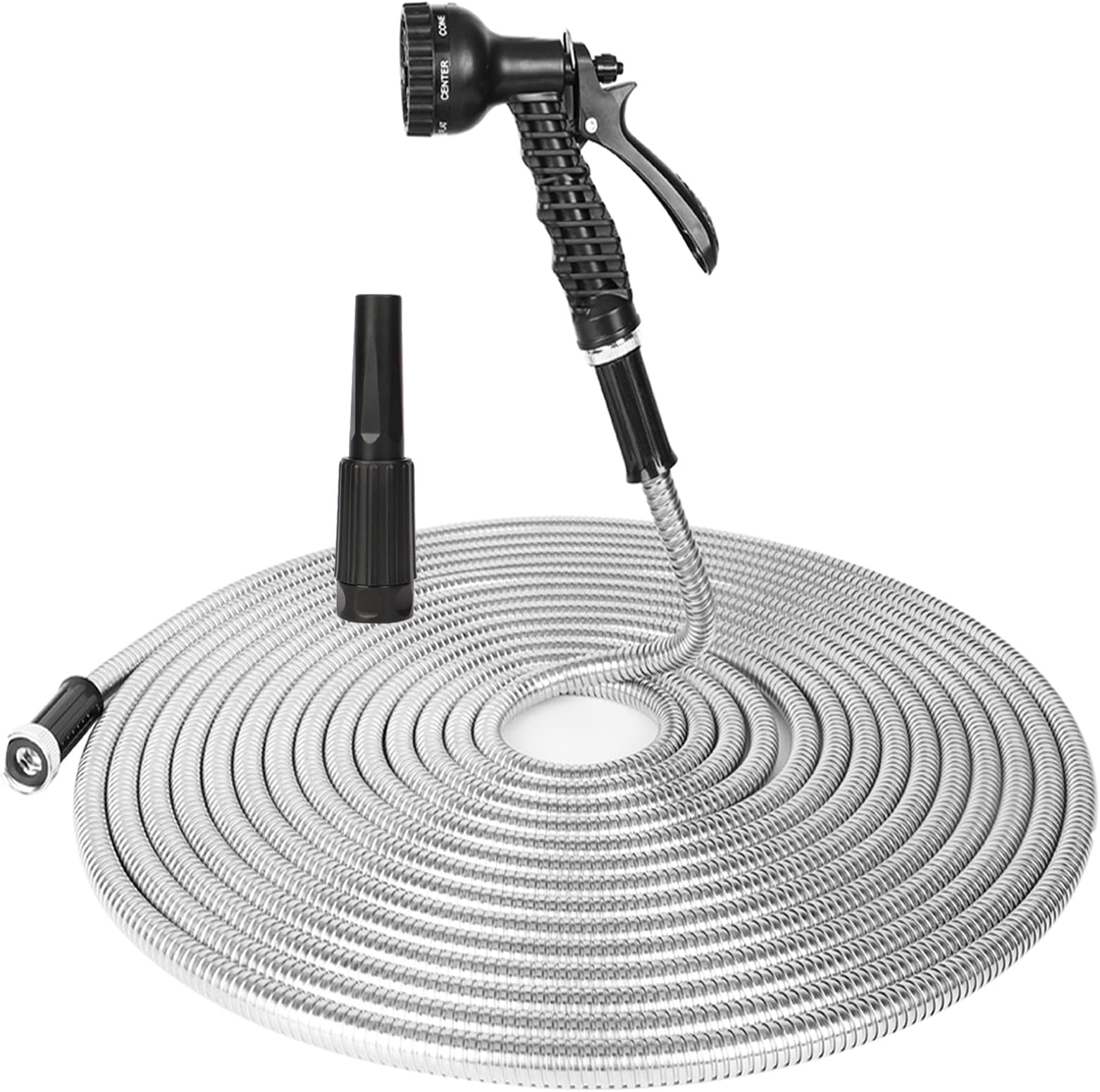 Stainless Steel Metal Water Hose - 100FT with 2 Nozzles, Lightweight, Heavy Duty, High Pressure, Flexible, Tangle Free & Kink Free Cool to Touch, Outdoor Yard Hose