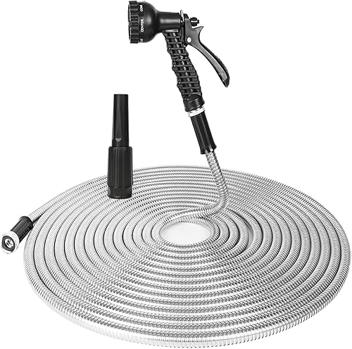Manguera de agua de metal de acero inoxidable, 100 pies con 2 boquillas, ligera, resistente, alta presión, flexible, sin enredos y sin torceduras,