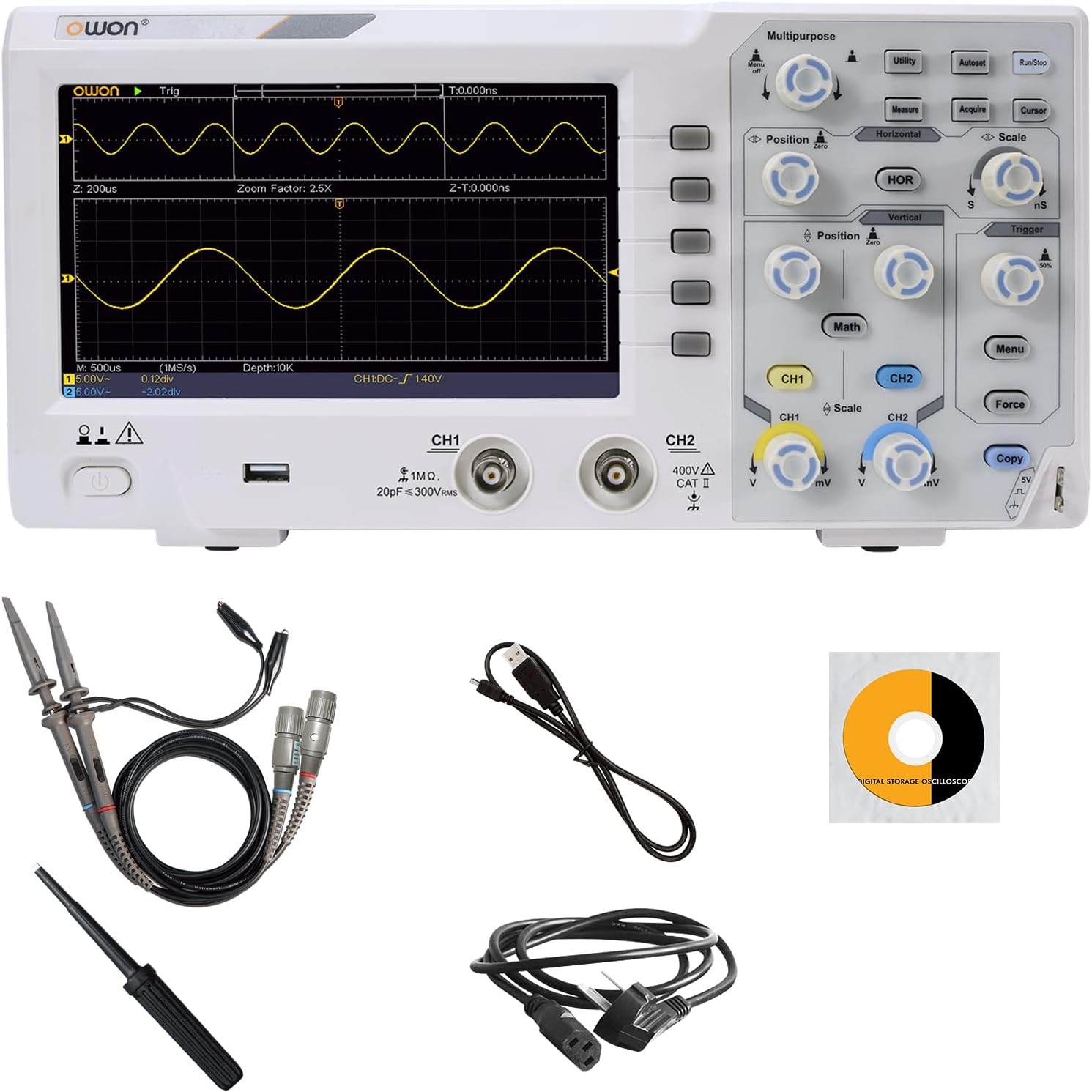 OWON Oscilloscope, SDS1102 Digital Oscilloscope, 2 Channels 100Mhz 1GSa/s, TFT-LCD Display, Portable Professional Oscilloscope Kit