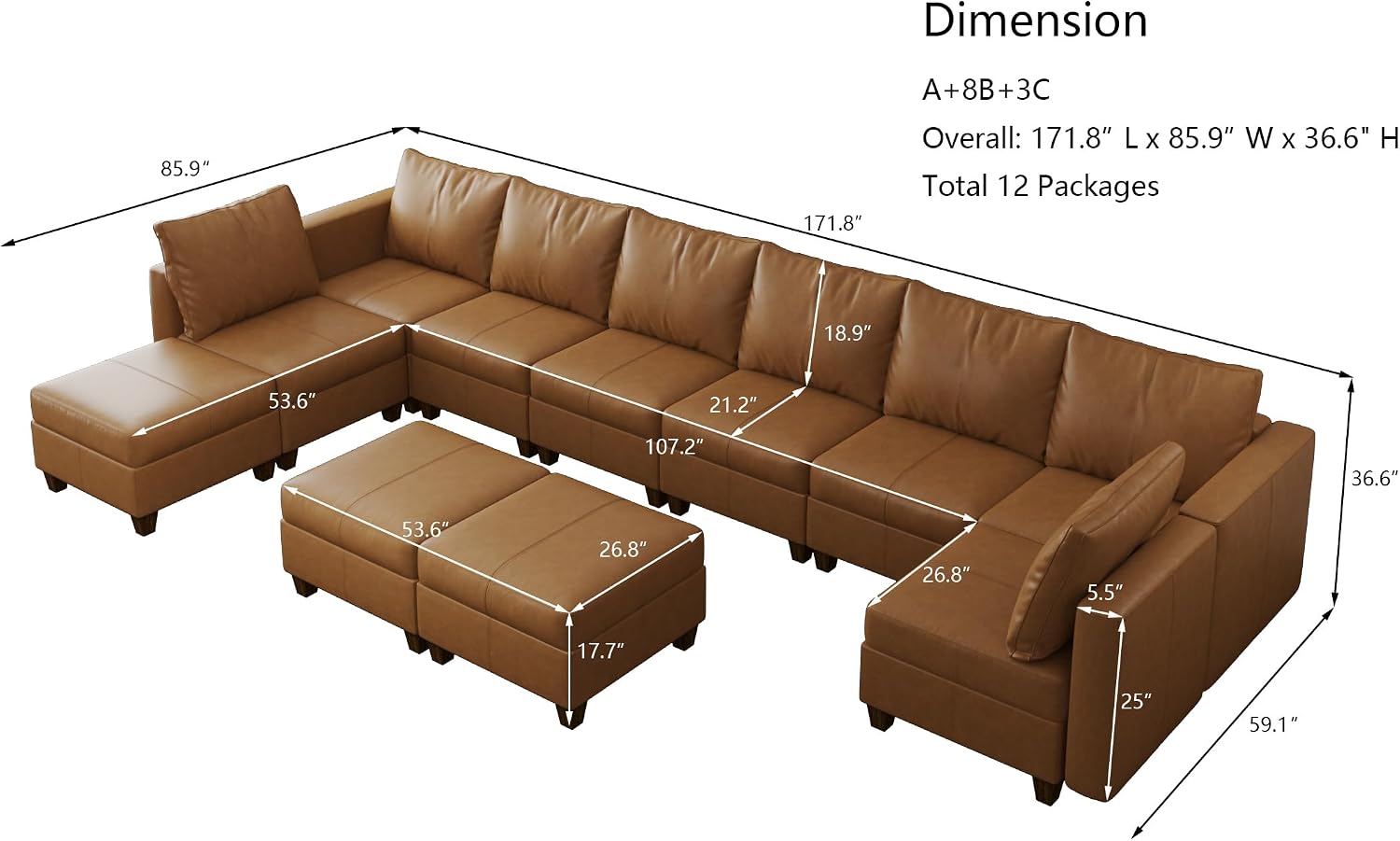 EASE MOOSE Faux Leather Modular Sofa with Storage Seat, Faux Leather Sectional Sofa Oversized U Shaped Sectional Couch Convertible Sleeper Sofa with Reversible Chaises, Brown