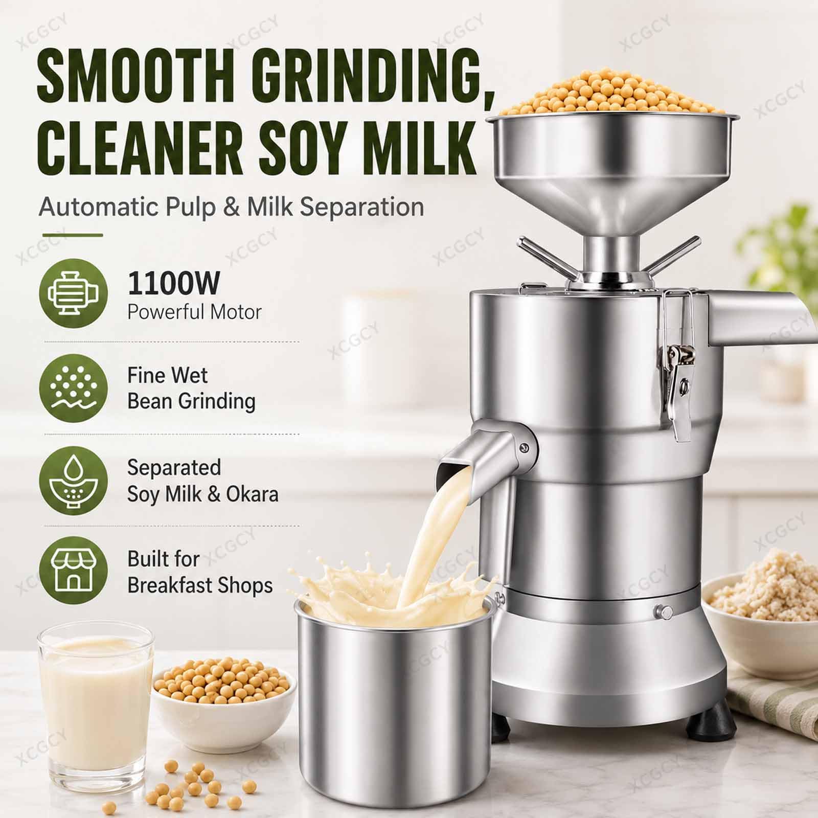 Macchina Professionale per Budino di Tofu, Produttore di Latte di Soia con Separazione delle Scorie, 25 kg/h Macinazione Umida, 1100 W Acciaio Inox per Ristoranti, Colazioni E caffè