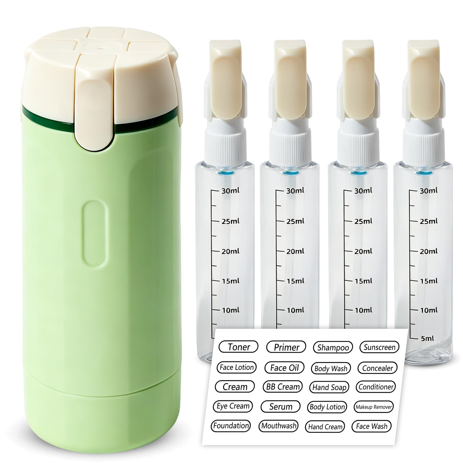 4 in 1 Travel Bottle Dispenser, Refillable Leakproof Mini Plastic Travel Containers for Toiletries, Small Holiday Travel Pump Bottle for Eessentials Lotion Shampoo Conditioner & Liquids