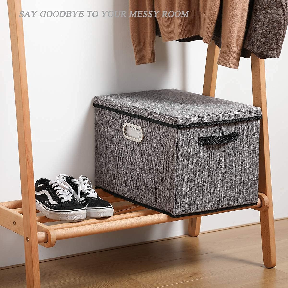 Seckon Foldable Storage Box with Lid [2-Pack] Linen Decorative Storage Bin Organizer with Lids - Home, Office Storage Containers with Removable Cover, Gray