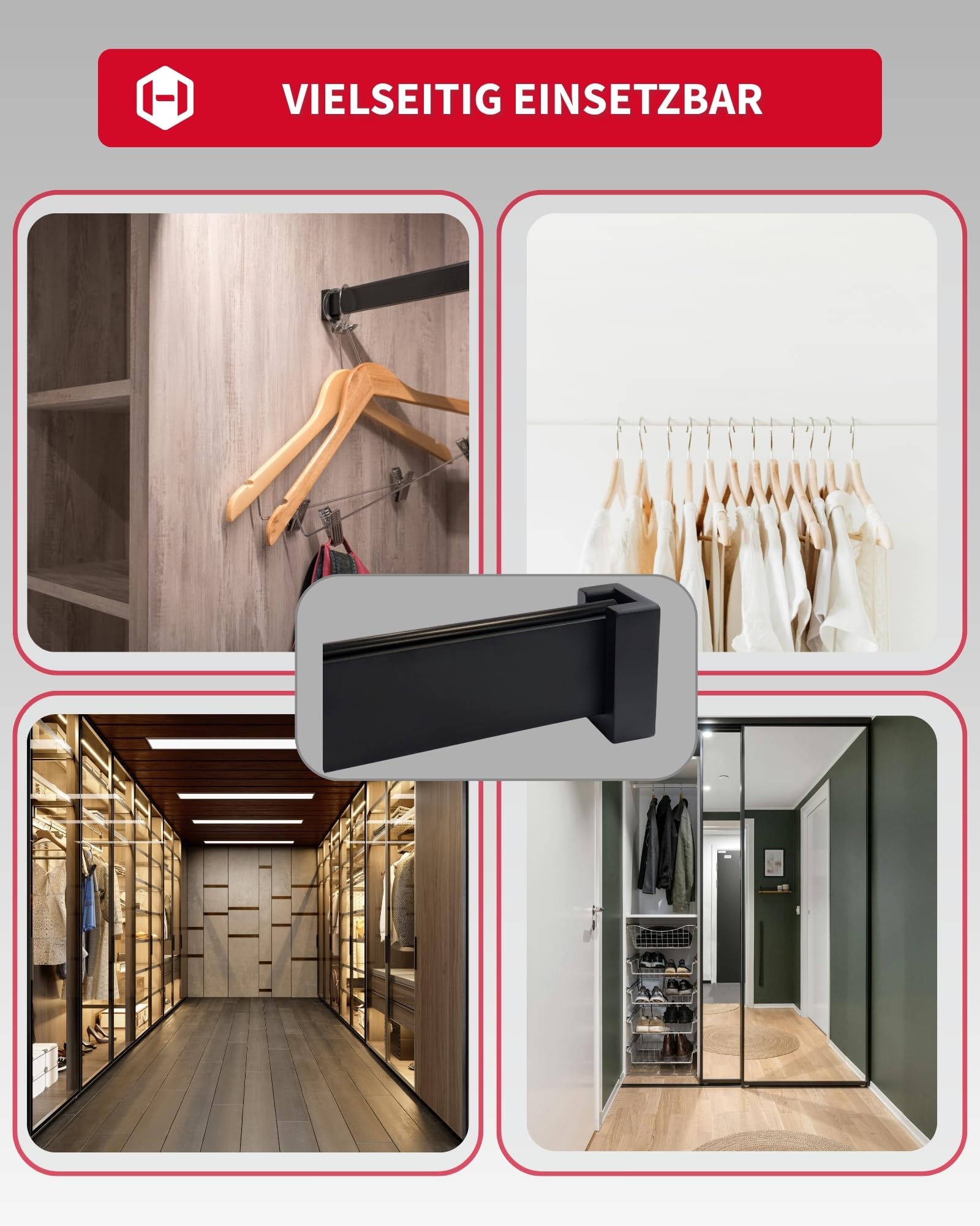 Gedotec Asta appendiabiti nera opaca 1500 mm | design asta per armadio con supporto in gomma | asta rettangolare appendiabiti a parete 30 x 12 mm | 1 set di tubi per armadio con materiale di fissaggio