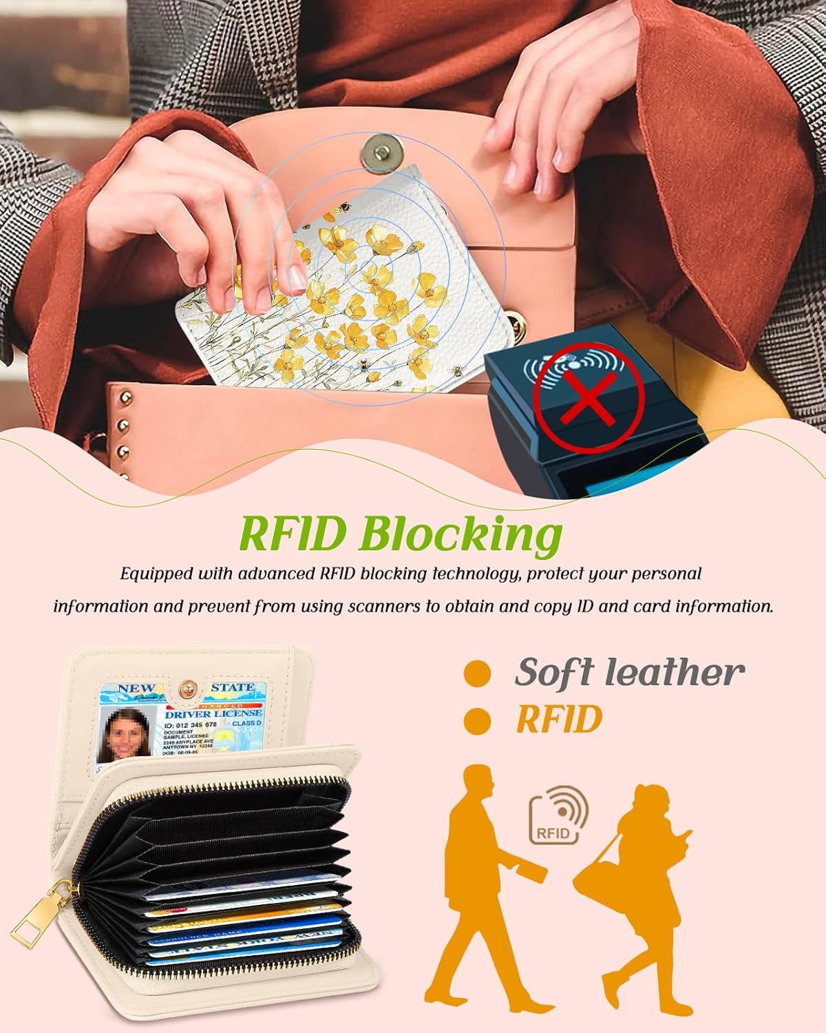 Bistup Credit Card Holder Wallet for Women - Cute Leather Ladies Teen Girls Female Cardholder Wallets Accordion Purse Small Medium Aesthetic Yellow Flower Unique Modern Rfid Zipper Around - Image 5