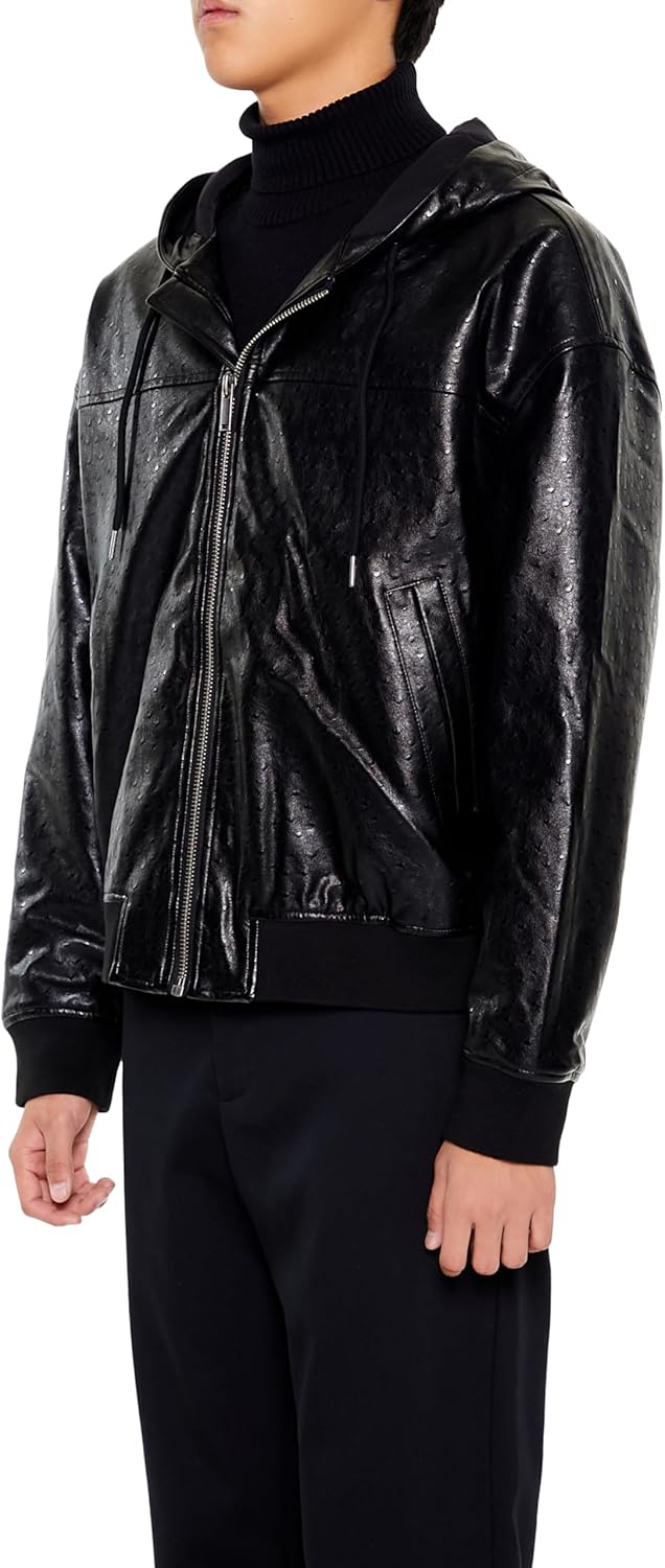 Forever 21 mens Hooded Faux Leather Bomber Jacket - Image 5