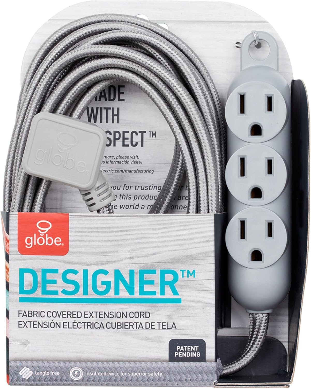 Globe Electric 22971 Designer Series 12ft Fabric Extension Cord, 3 Grounded Outlets, Right Angle Plug, 125-Volts, Integrated Hanging Hook, Metallic Gray Finish