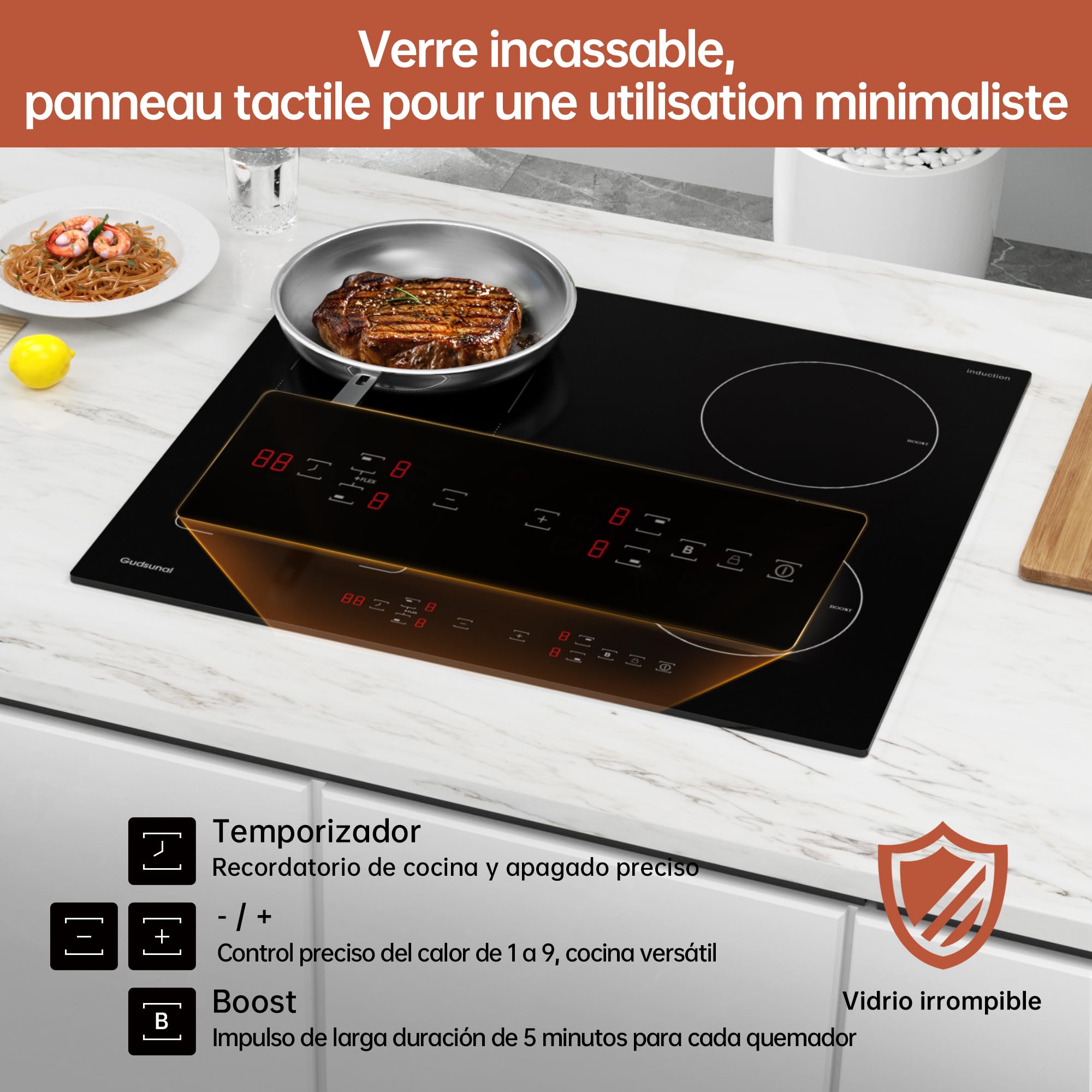 Placa de inducción con zonas flexibles, 60 cm, 7200 W, calentamiento continuo de baja potencia, 9 niveles de calor, temporizador, apagado automático