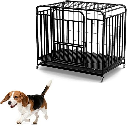 48 Inch Heavy Duty Dog Cage with Wheels, High Anxiety Steel Indoor Dog Kennel with Removable Tray, Indestructible Escape Proof Dog Crate Extra Large