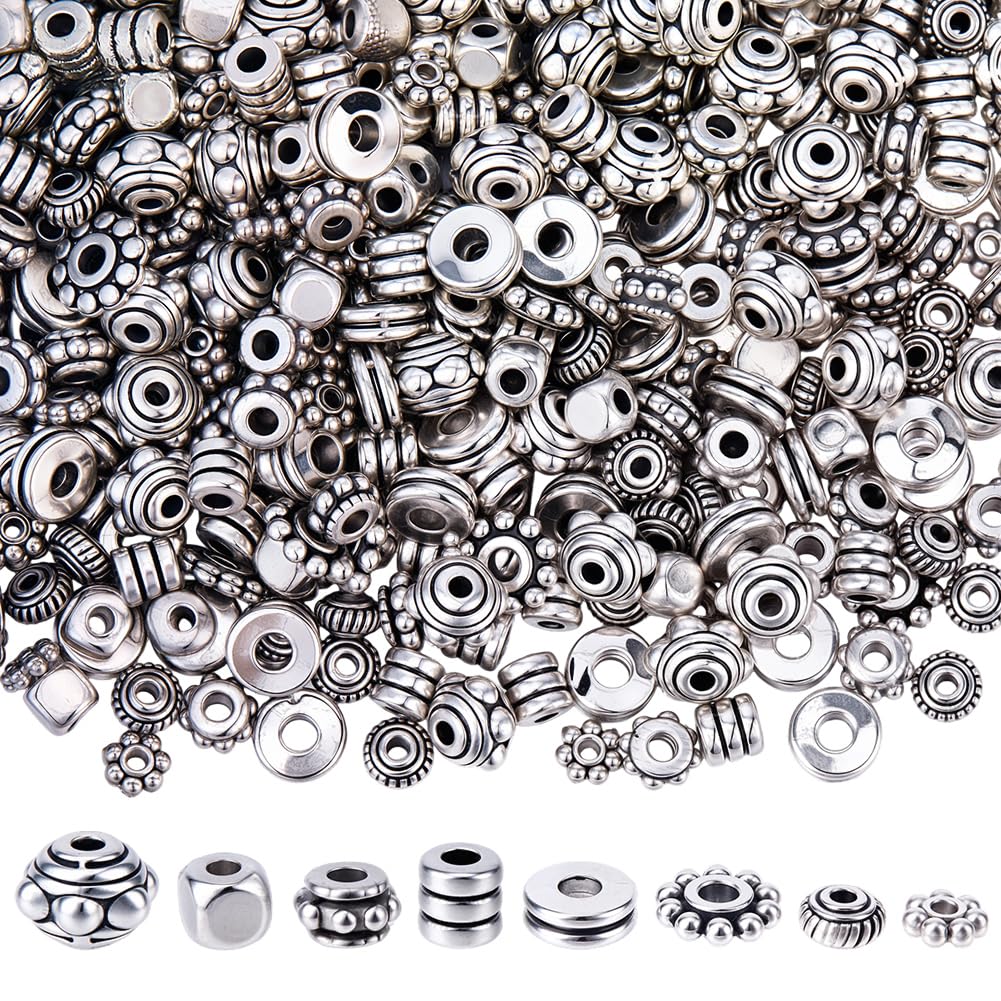 SUNNYCLUE 1 Box 400Pcs 8 Styles Tibetan Alloy Beads Silver Spacer Bead Antique Metal Flat Rondelle Loose Charms for Bracelets Beading Jewellery Making Findings Earrings Necklace DIY Crafts Accessories