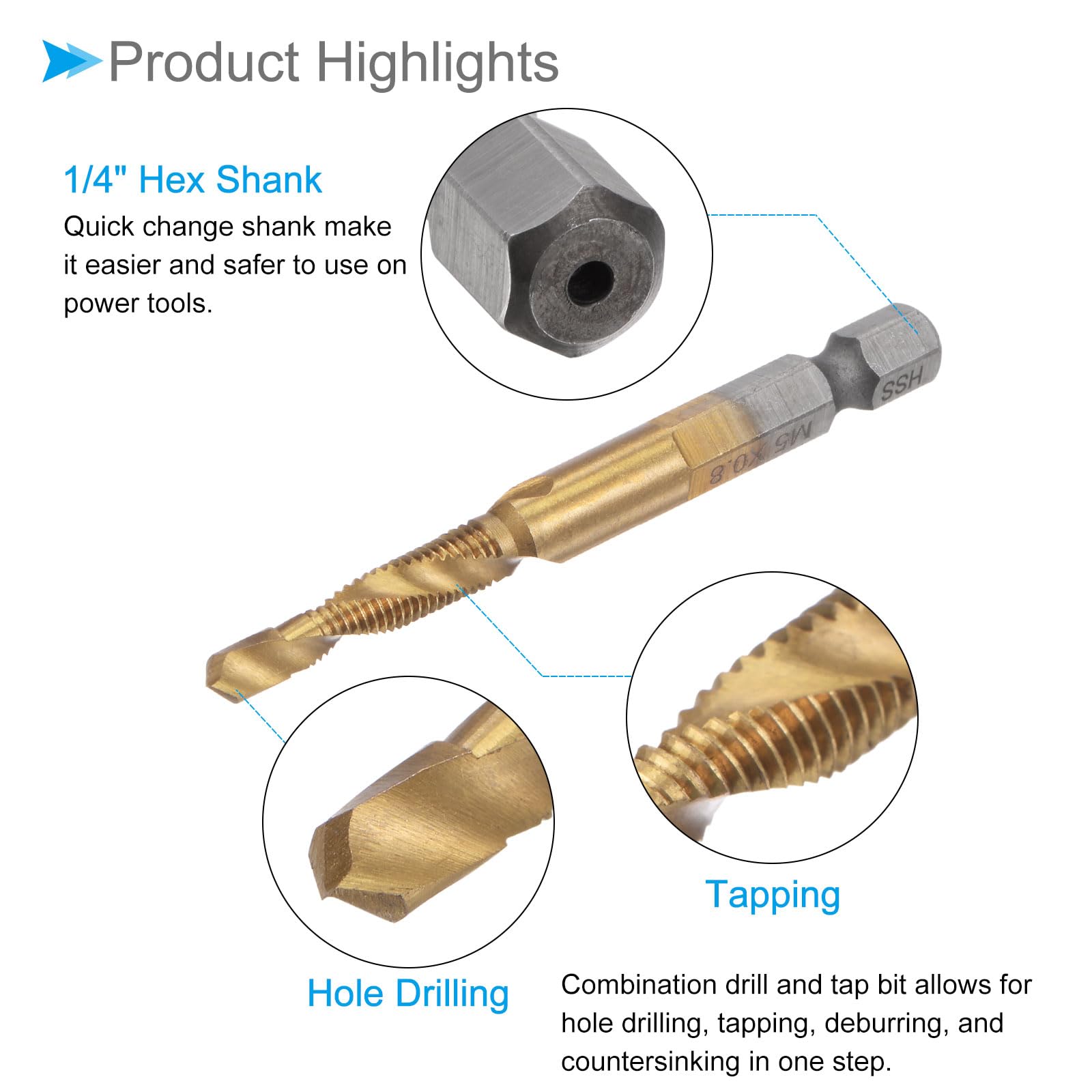 CoCud Combination Drill Tap Bit, M5 x 0.8 Thread Size 1/4" Shank, Titanium Coated High Speed Steel Long Tools - (Applications: for Aluminum Stainless Steel Plastic Long), 2-Pieces - Image 4
