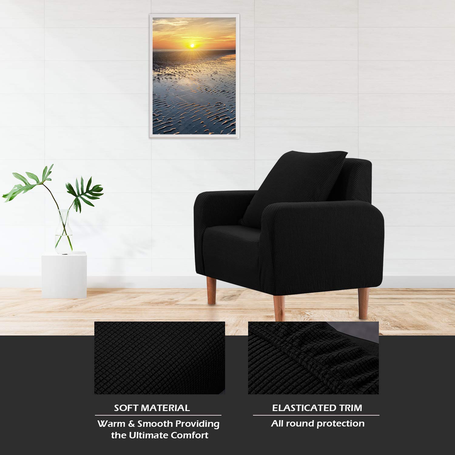 Trimming Shop Velvet Stretch Armchair Covers, Spandex Stretchy Couch Slipcovers, Universal Settee Furniture Protectors for Living Room, Fitted Non-Slip Thick Covers, Machine Washable, Black, 1 Seater
