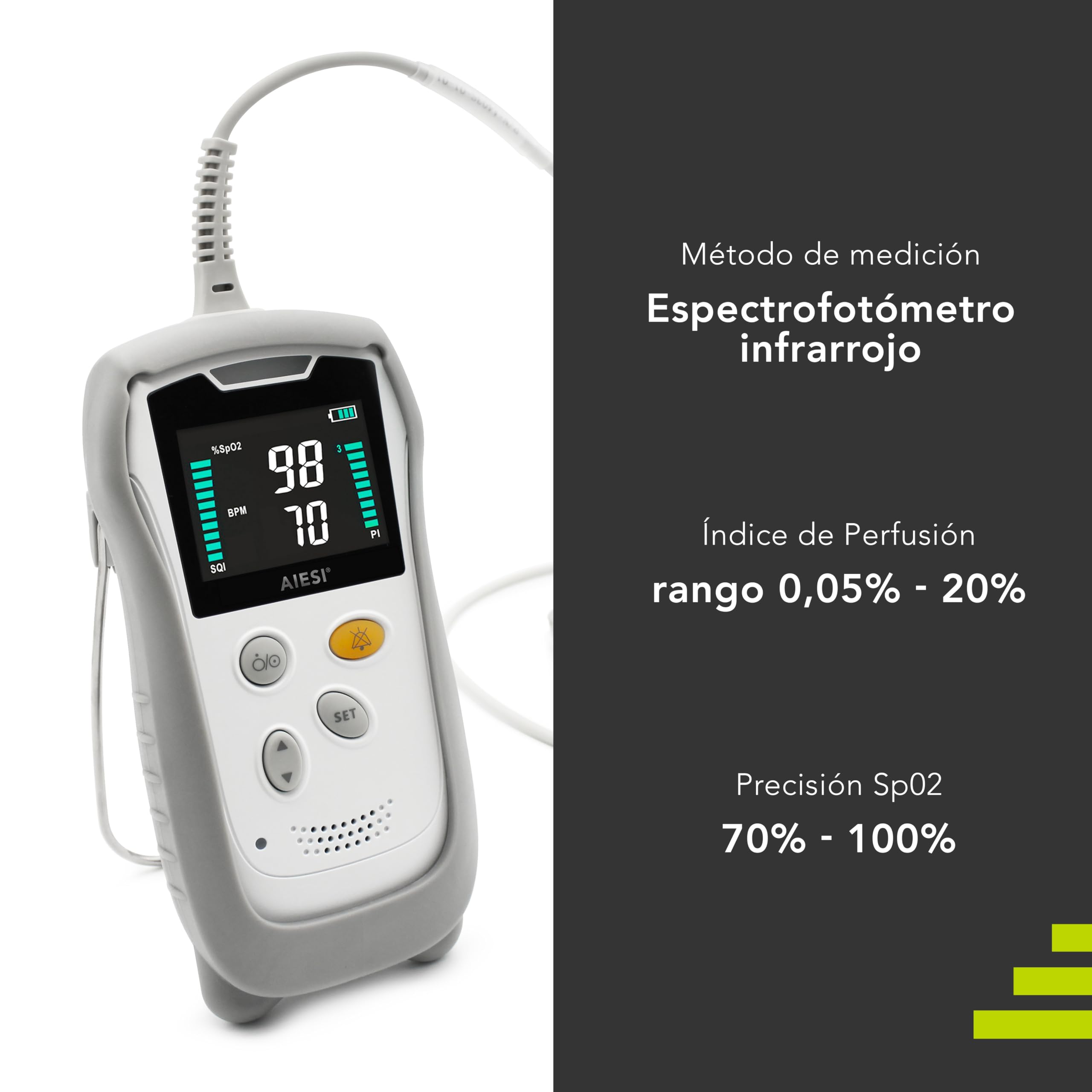 AIESI® Oxímetro de dedo Portátil profesional con pantalla a color y sonda anti-movimiento para adultos A3, Extremadamente preciso, Batería de litio, Carcasa de protección, Garantía 24 meses