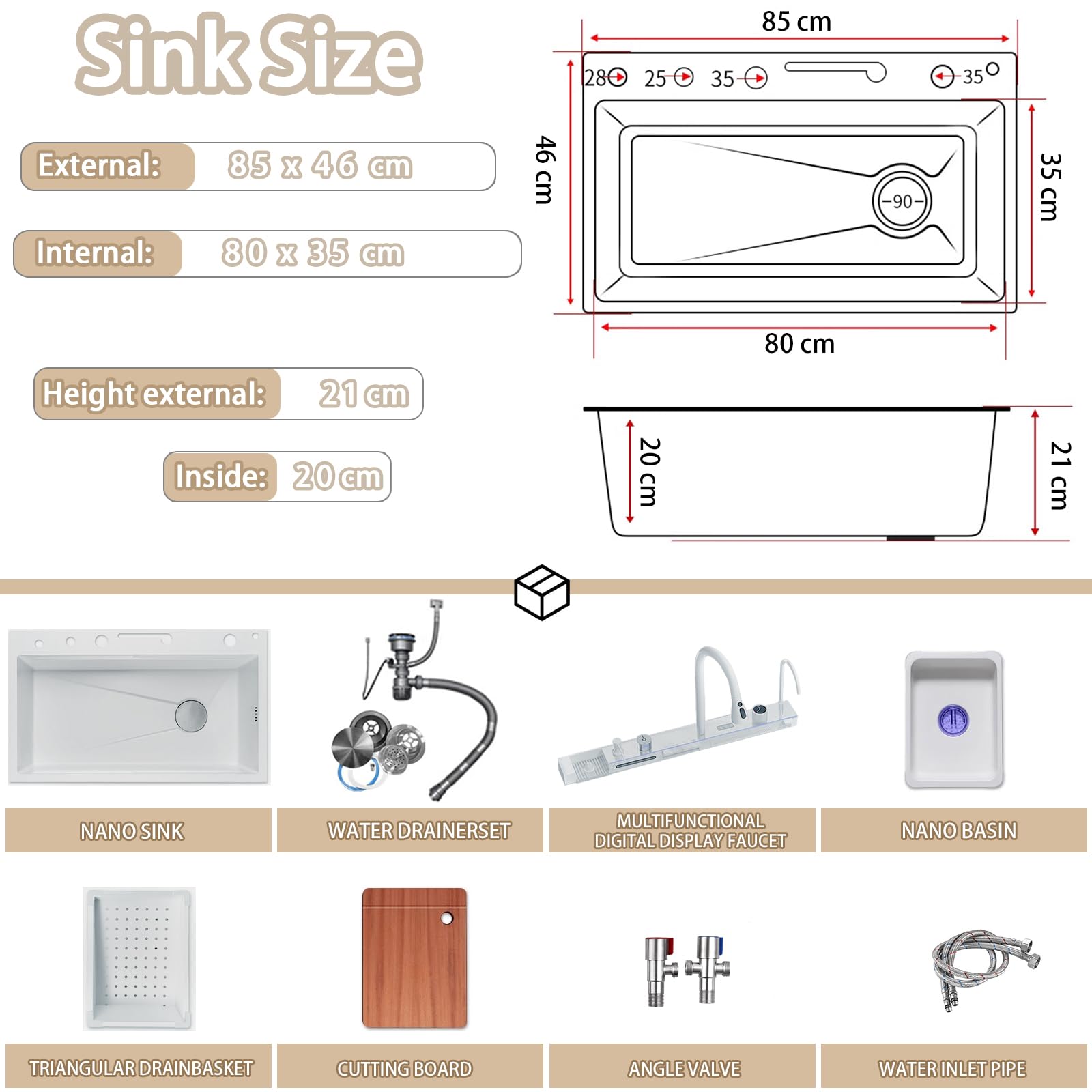 Lavello da cucina intelligente multifunzione da 85 cm, con rubinetto digitale integrato, in acciaio inox, con ciotola per lavastoviglie e set di accessori per cucine moderne