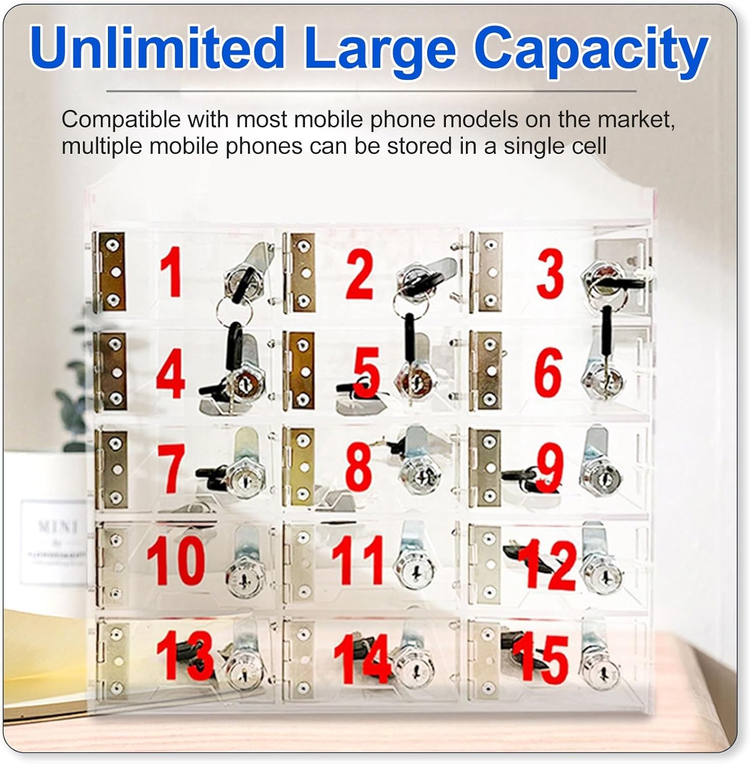 15 Slots Acrylic Cell Phone Storage Locker, Clear Lock Box, with Door Locks and Keys, Wall Mounted