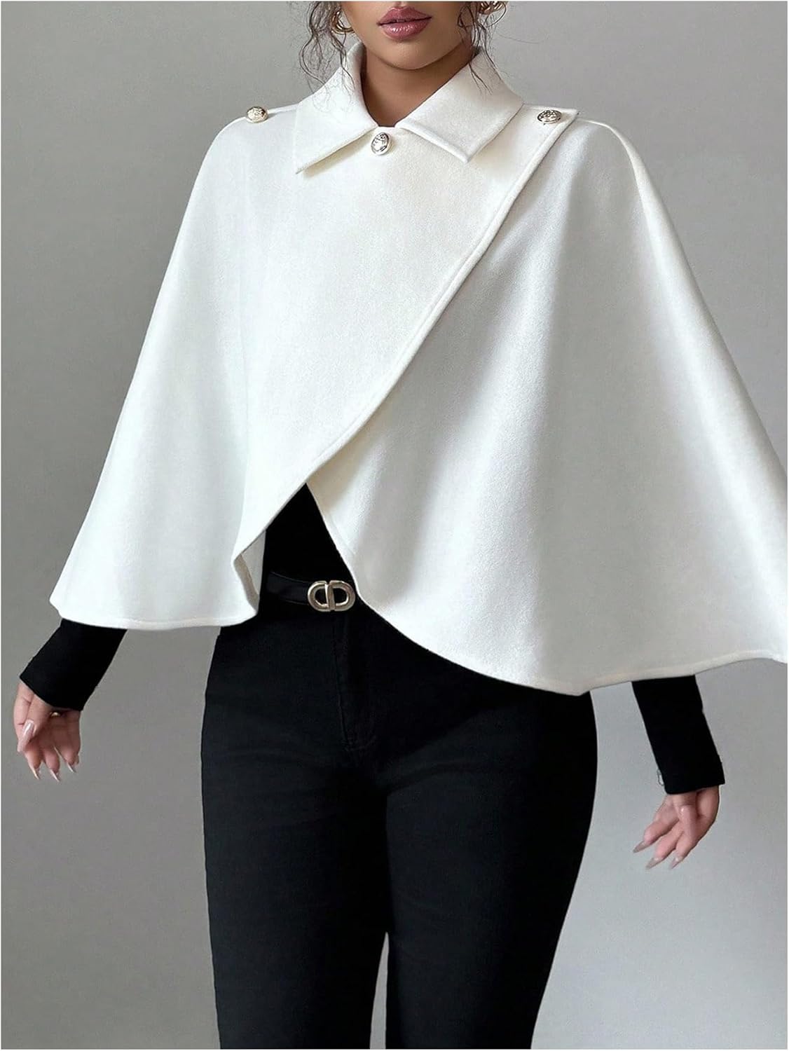 MakeMeChic Women's Wrap Collared Cape Jacket Loose Fit Business Fall Cropped Coat Outerwear - Image 2