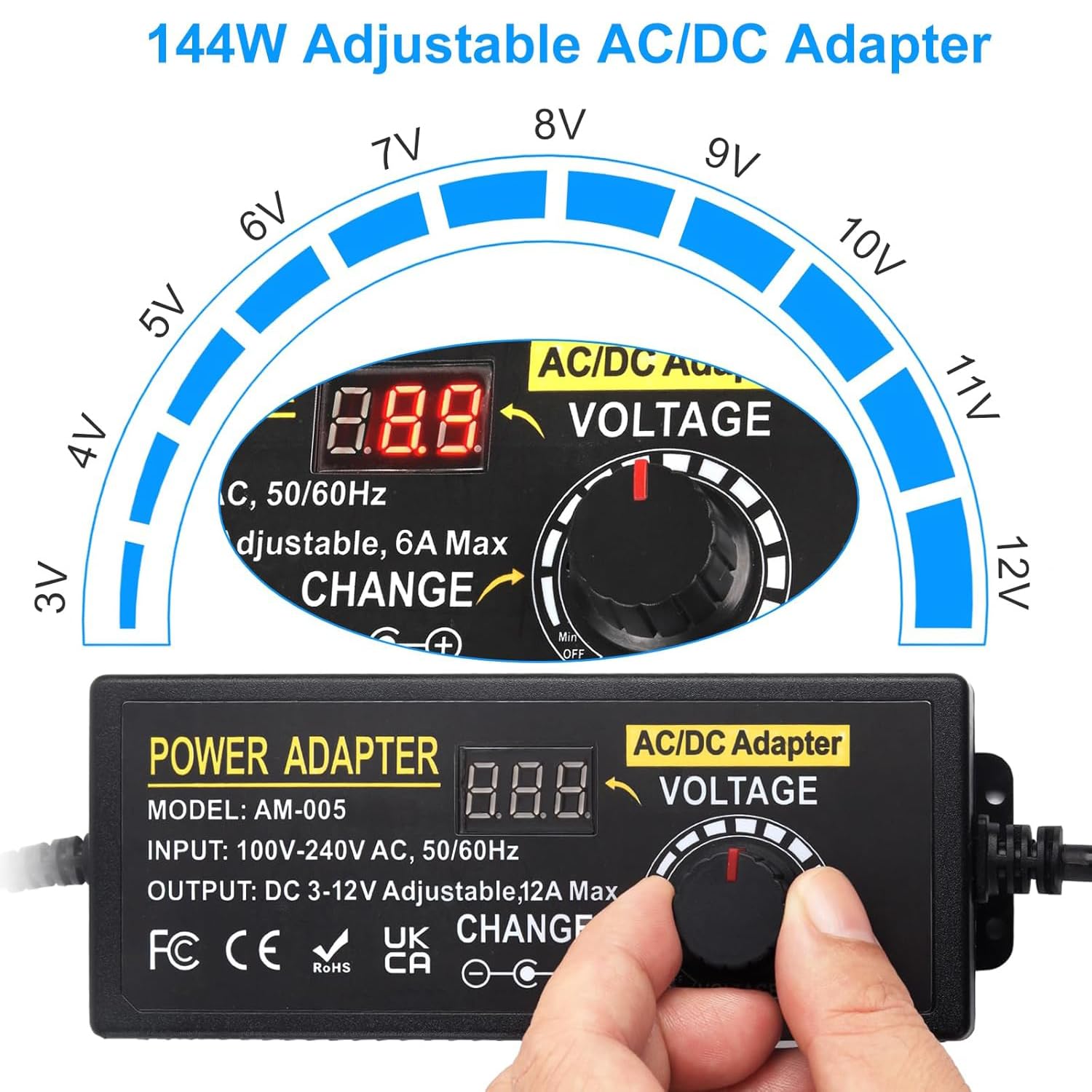 Universal Netzteil 12V 12A, Verstellbarer Netzadapter 3V-12V 144W Einstellbares Netzteil 100V-240V AC to DC 3V 4.5V 5V 6V 7.5V 9V 12V 1A 2A 3A 4A 5A 10A mit 14 DC Steckern