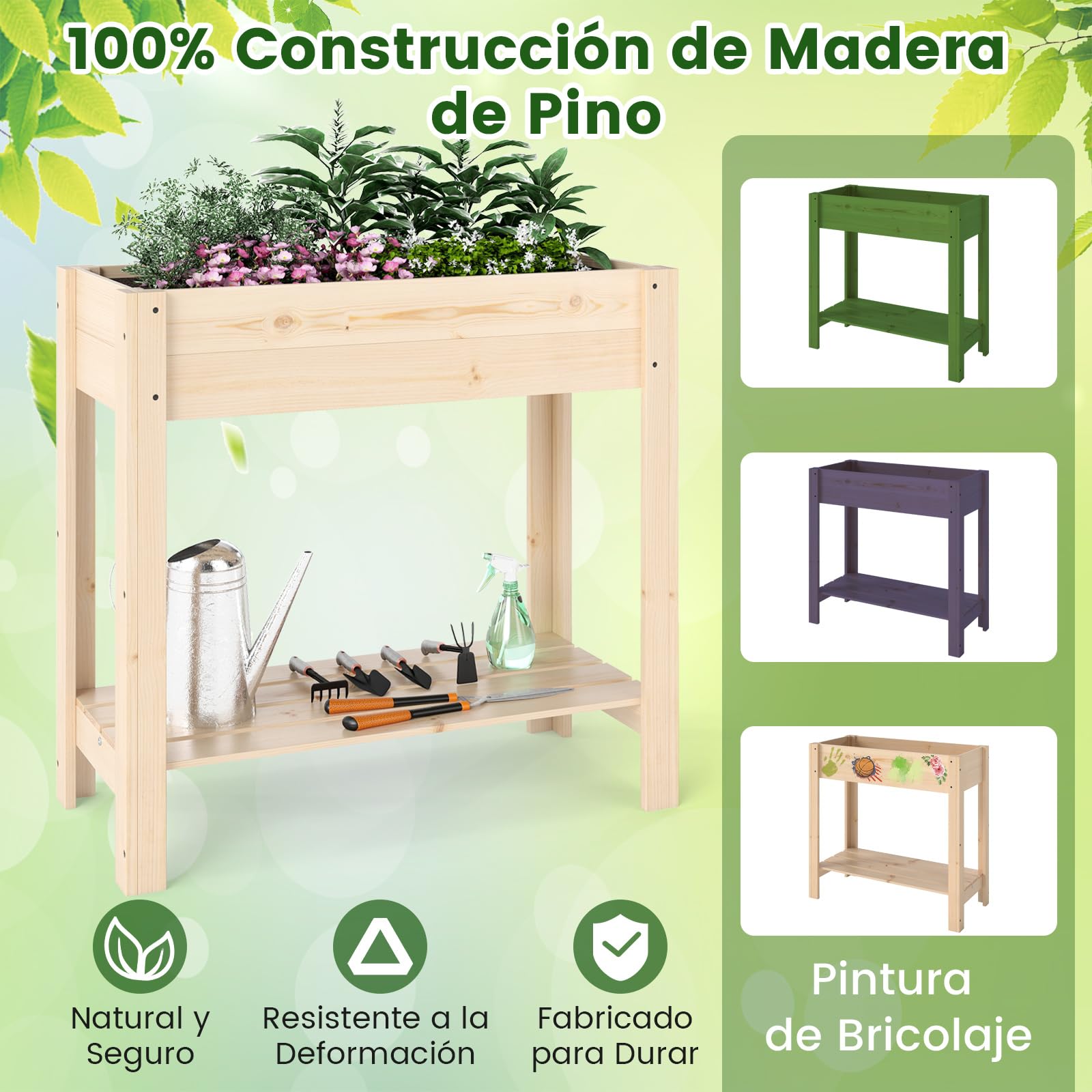COSTWAY Huerto Urbano de Madera con Patas, Mesa de Cultivo, Jardinera Elevada con Estante, Drenaje, Caja de Plantación 81 x 37 x 77 cm, Jardineras Altas Exterior, para Terraza Exterior, Natural