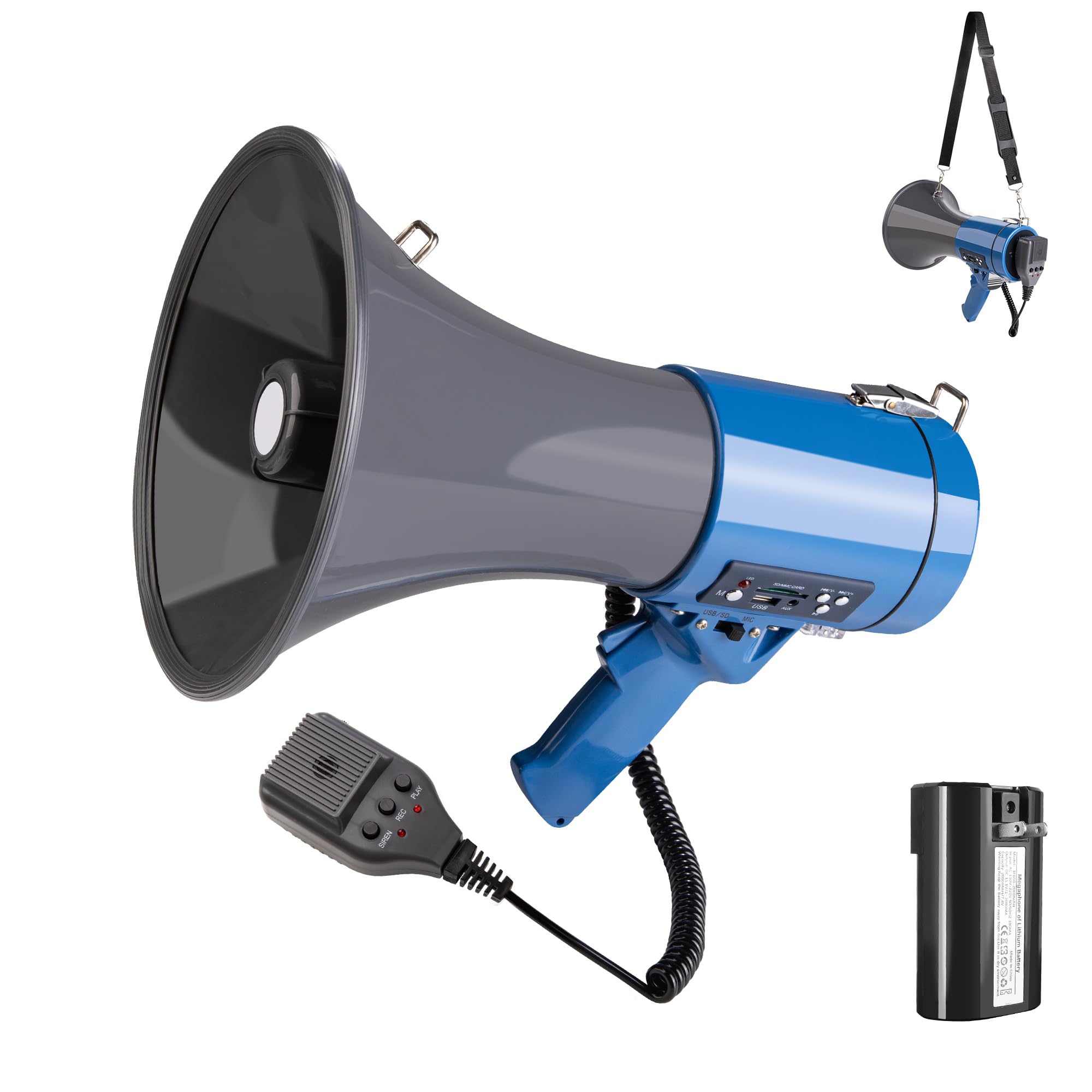 50 Watt Megaphone Bullhorn with Detachable Microphone, 240s Recording and Siren - Perfect for Indoor/Outdoor Sporting Events and Crowd Control