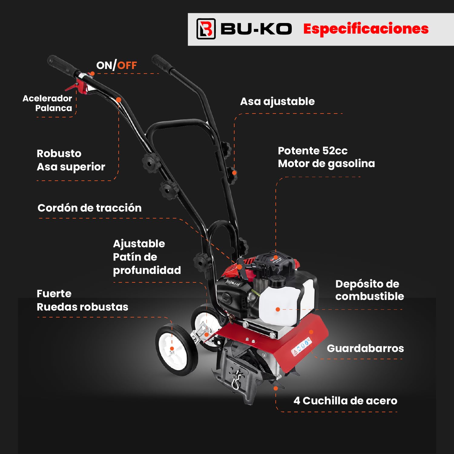 BU-KO 52CC Garden Tiller Engine 3HP 2 Tiempos Lawn Soil Cultivator Rotovator Motor Ligero Compacto Potente Sure Apretones Manijas Fabricadas para ser duraderas Dependiente - 1 AÑOS DE GARANTÍA
