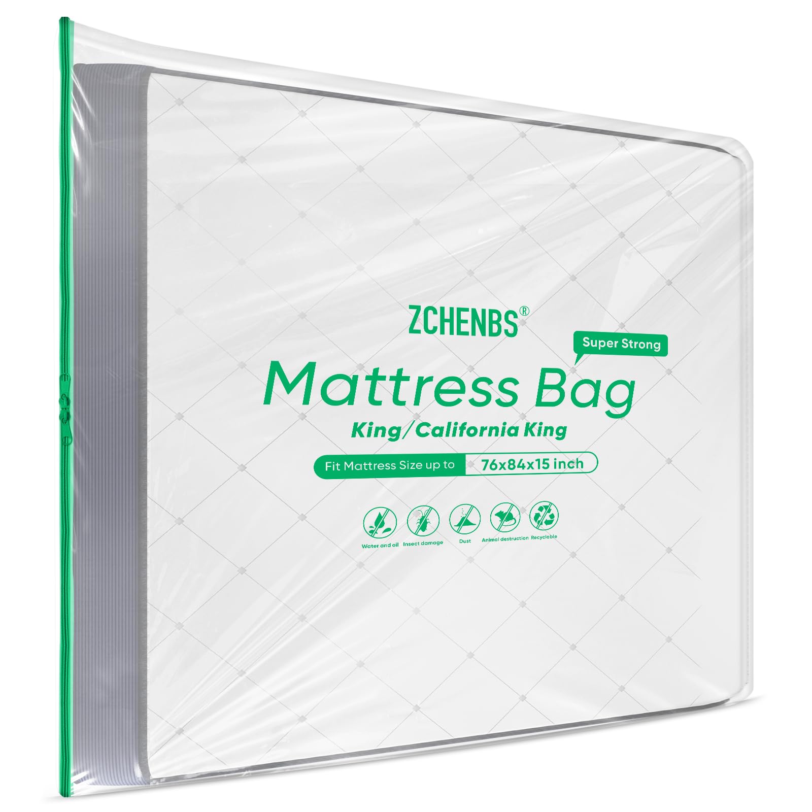 ZCHENBS® - King Mattress Bags for Moving, Waterproof Storage Bag with Zipper, Heavy-Duty 5 Mil Ultra-Thick California King Mattress Protector Cover for Moving, Reusable (Transparent/Green, 2 Pack)