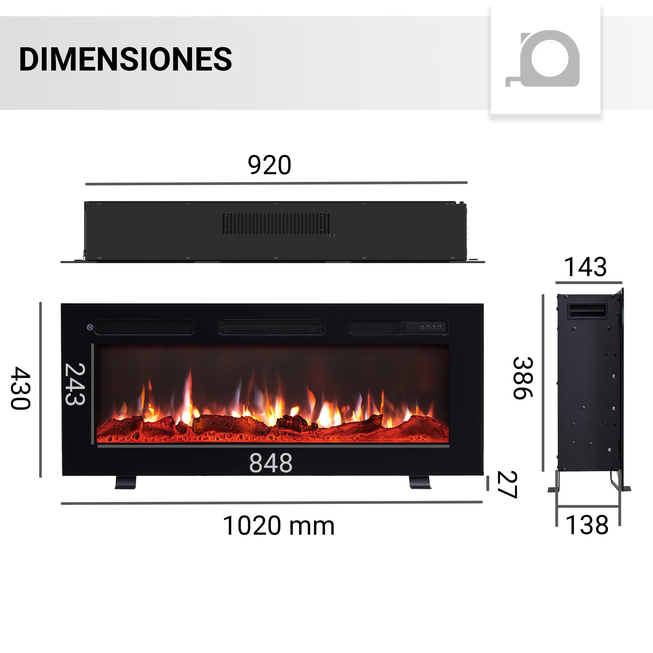 BALDERIA Leif 40 - Chimenea eléctrica empotrable, de Pared o de pie con LED