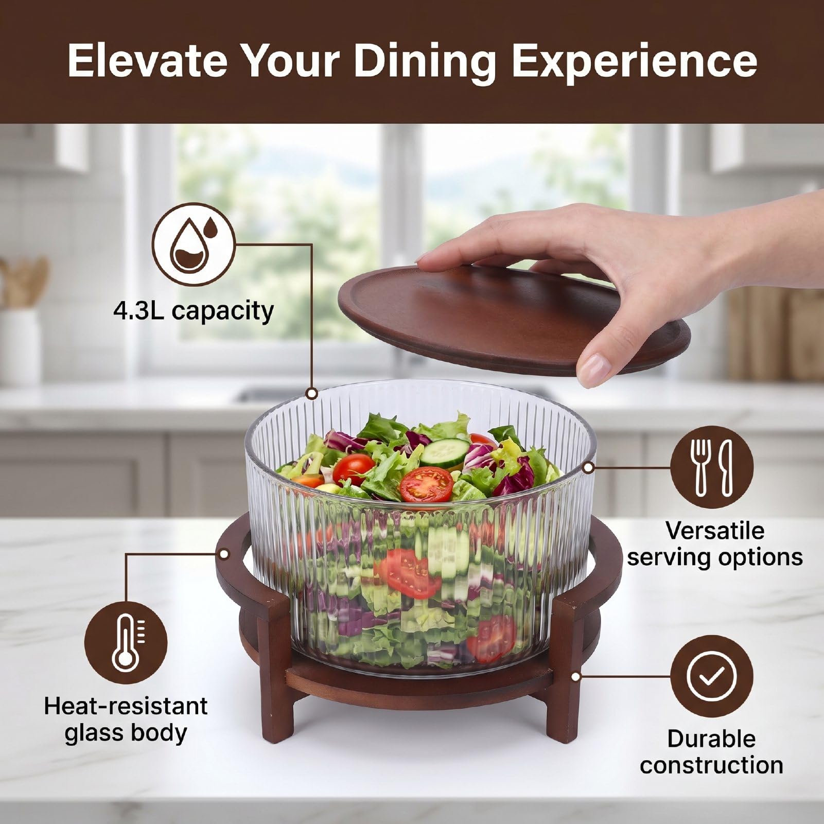 HEEPDD Juego de Ensaladera de Vidrio, Tazón de Vidrio a Prueba de Calor con Tapa y Soporte de Madera, Ensaladera Grande de 4,3 L para el Hogar, Comedor, Cocina, Mezclar Frutas, Fiestas de Pasta