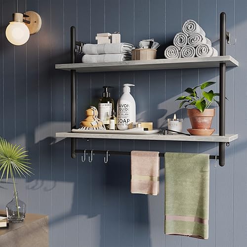 Miniatura 5 de Bestier Estante de tubería industrial flotante de 31 pulgadas, estantes montados en la pared de cocina con 8 ganchos para barra de toallas, estante