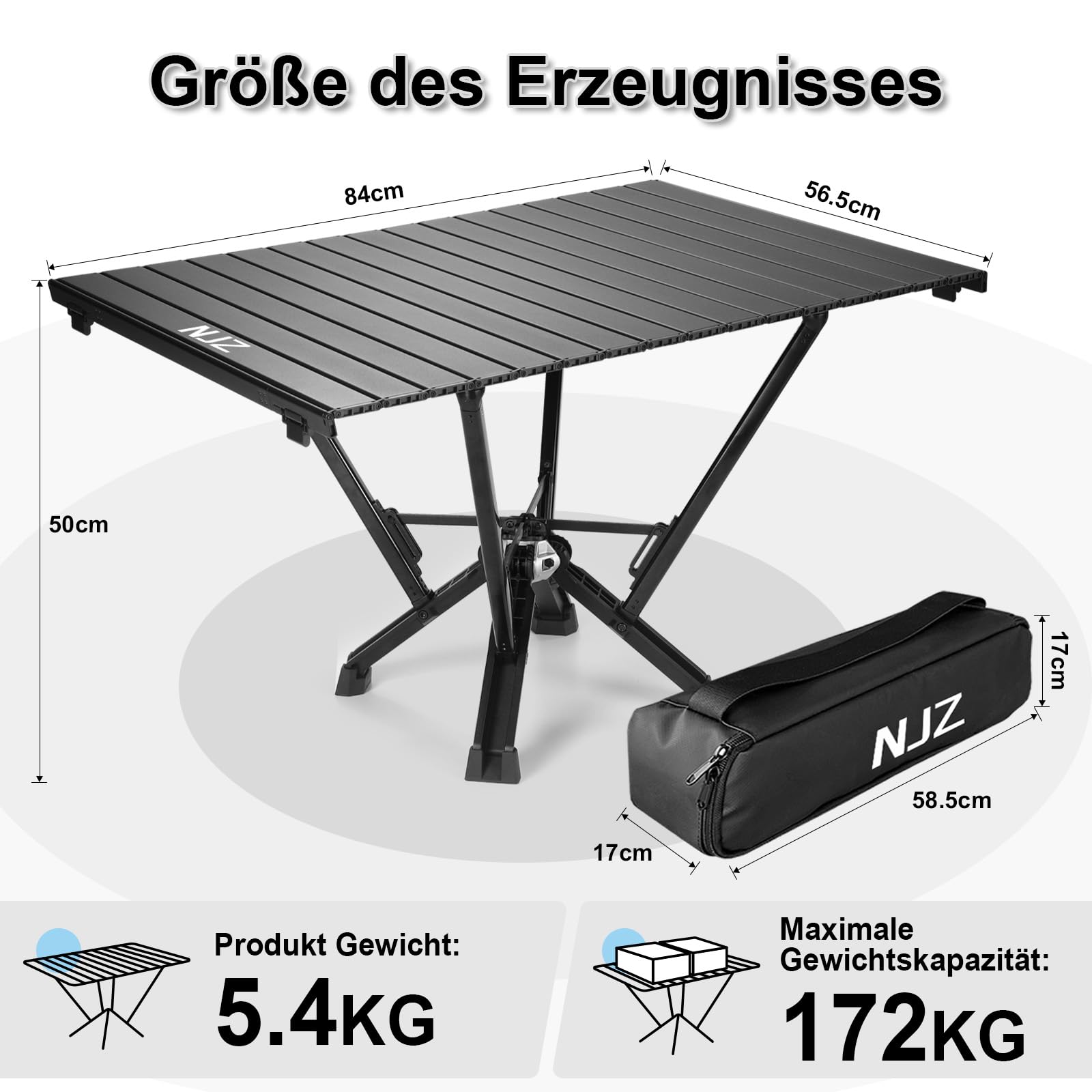 Klappbarer CampingTisch mit Aluminium-Rollplatte, bis zu 170 kg Tragfähigkeit, Auto-Camping-Tisch mit einfacher Tragetasche für Indoor, Outdoor, Reisen