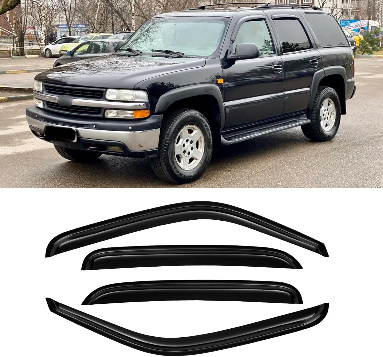 Window Visors for 2000-2006 Chevrolet(Chevy) Tahoe & GMC Yukon (Not fit Yukon XL), Rain Guards Shields Vent Deflector Shade Dark Smoke 2002-2006 Cadillac Escalade, Tape-On, 4PCS For 2000-2006 | Chevy Tahoe/ GMC Yukon | Out-Channel