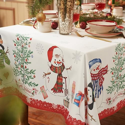 Miniatura 3 de Mantel de Navidad con diseño de muñeco de nieve y copos de nieve, mantel de Navidad rectangular de 60 x 84 pulgadas, mantel de Navidad para comedor,