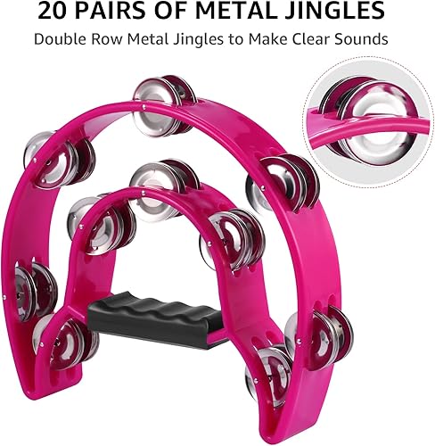 Miniatura 3 de Pandereta de doble fila, paquete de 2 panderetas de 10 pulgadas para adultos, instrumento musical de media luna con 20 cascabeles de metal,