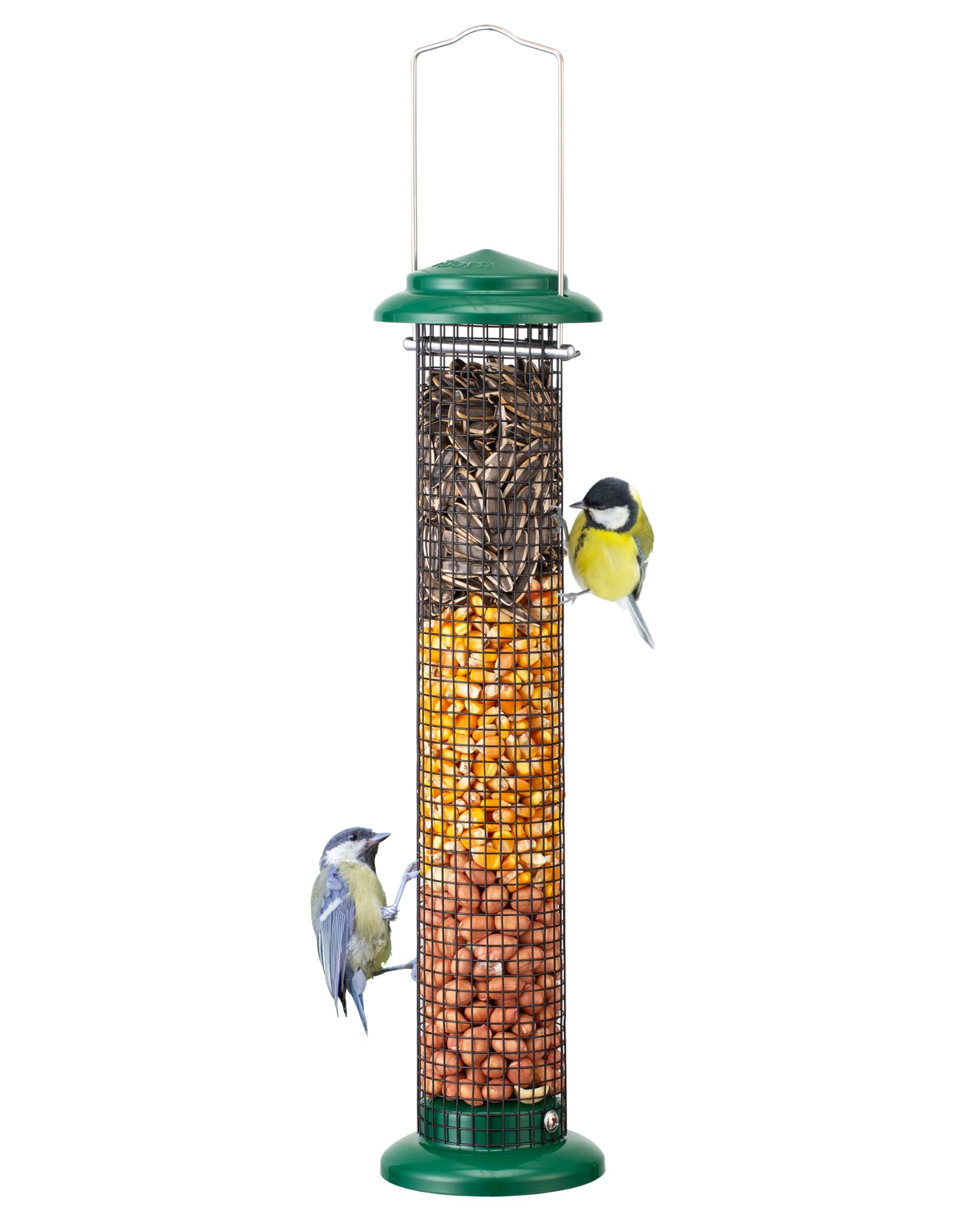 iBorn Metal Peanut Bird Feeder for Outdoors - 14 inch Peanut Feeders for Birds,Sunflower Seed Feeder, Hanging Metal Mesh Mixed Seed Bird Feeder with Easy-Clean Design for Woodpeckers,Green
