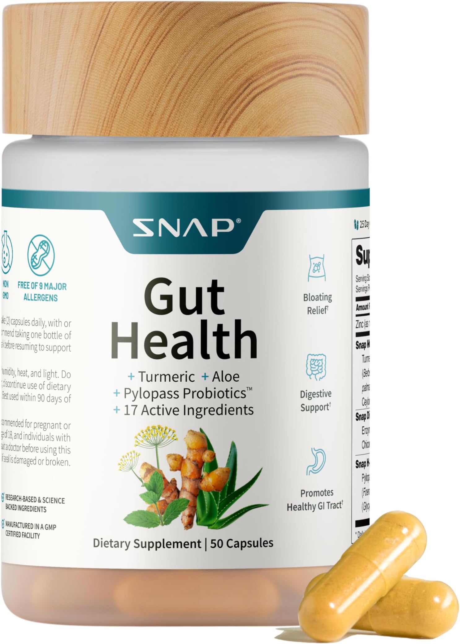 Snap Supplements Gut Health Lipase Supplement with Probiotics for Women & Men, Digestive Enzymes & Prebiotics - Turmeric, Aloe, Pylopass & Zinc, 50 Vegetarian Capsules