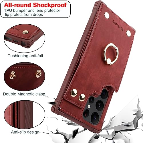 Miniatura 4 de Funda tipo cartera para Galaxy S22 Ultra 5G con tarjetero de crédito, funda de cuero para teléfono compatible con soporte de anillo de rotación de